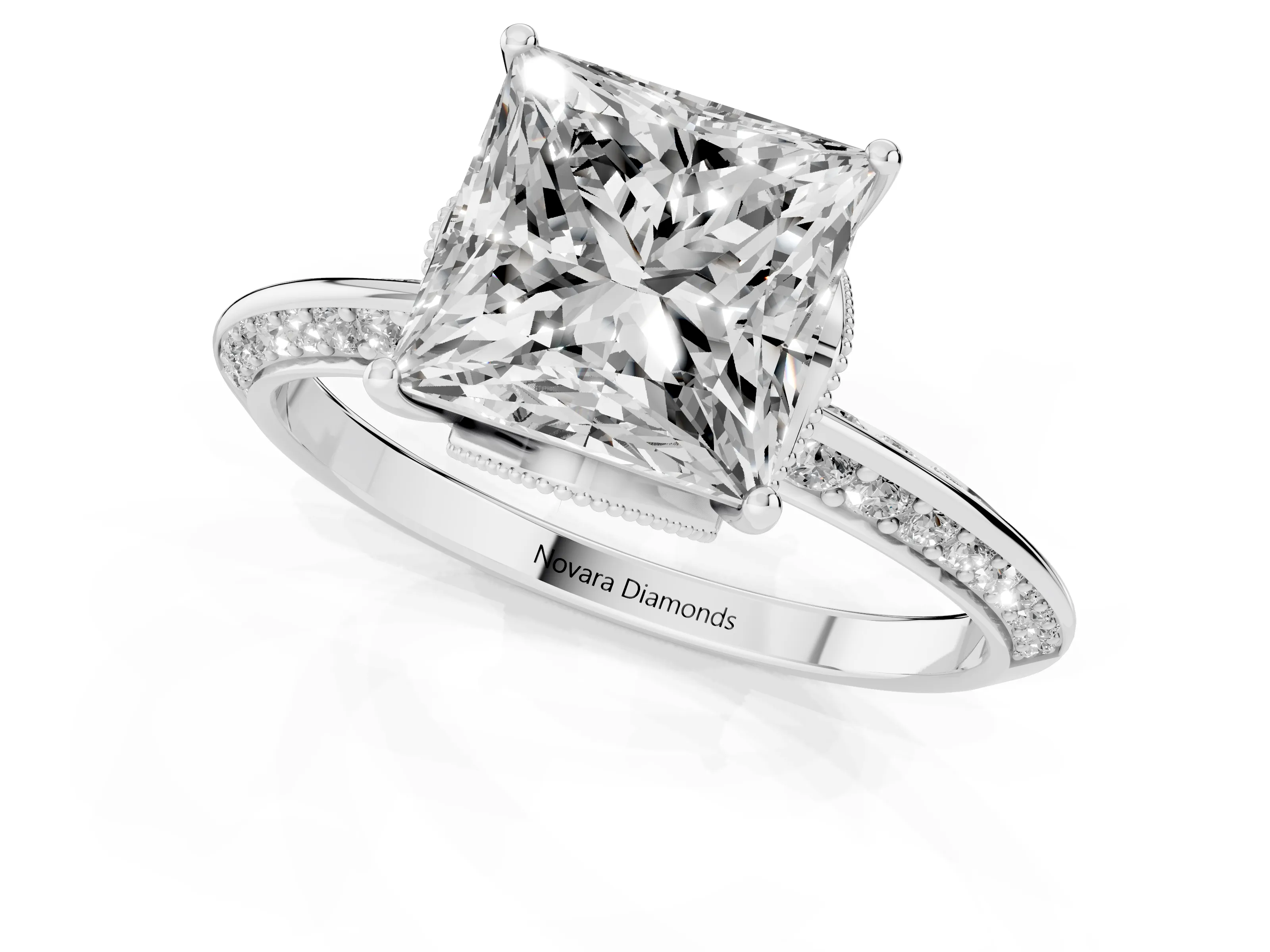 Princess Cut Diamond Solitaire Engagement Ring Set in Silver with Pavé Split Shank and Prong Setting