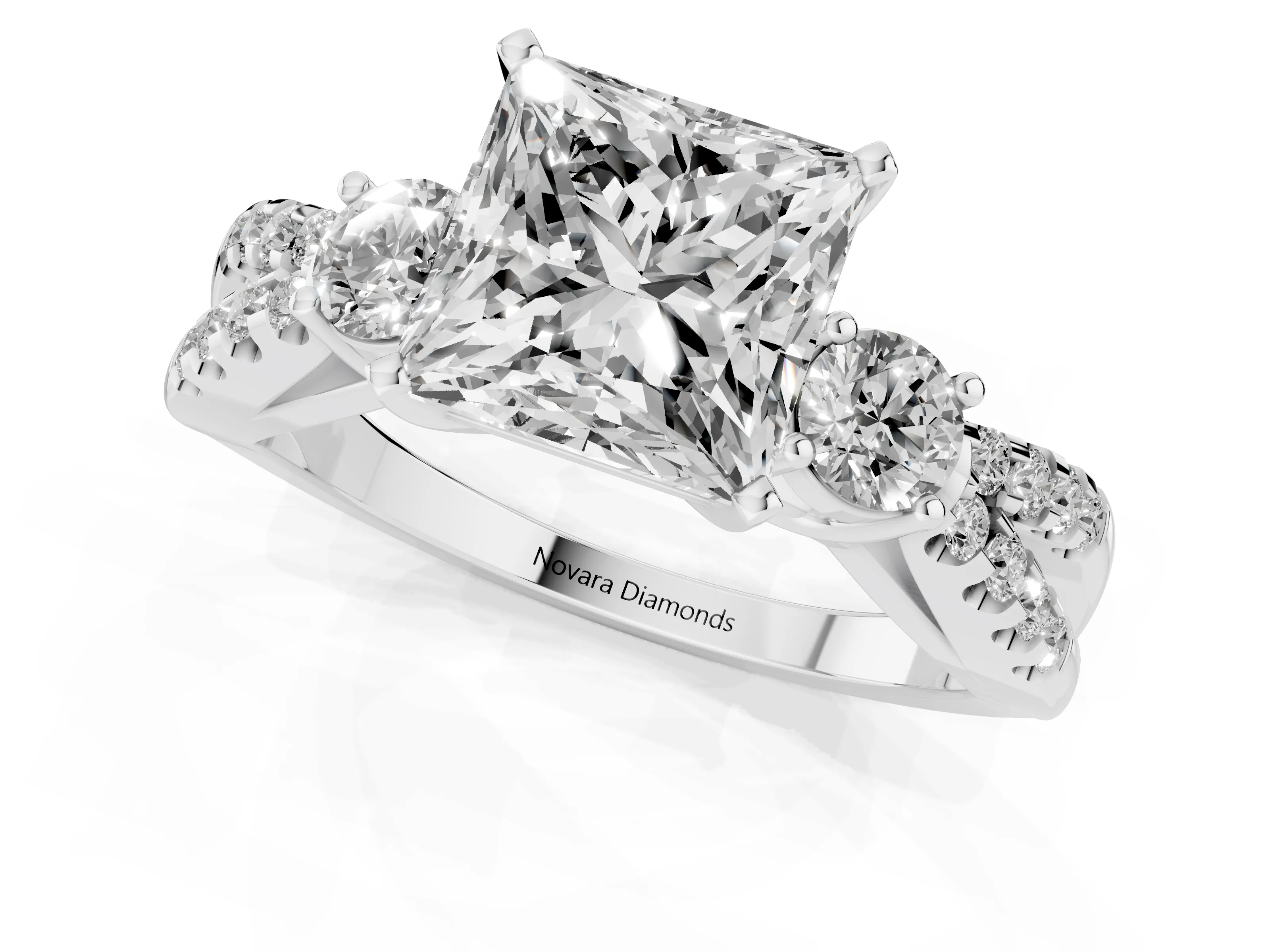 Princess Cut Diamond Three-Stone Ring Set in Silver with Pavé Split Shank and Prong Setting