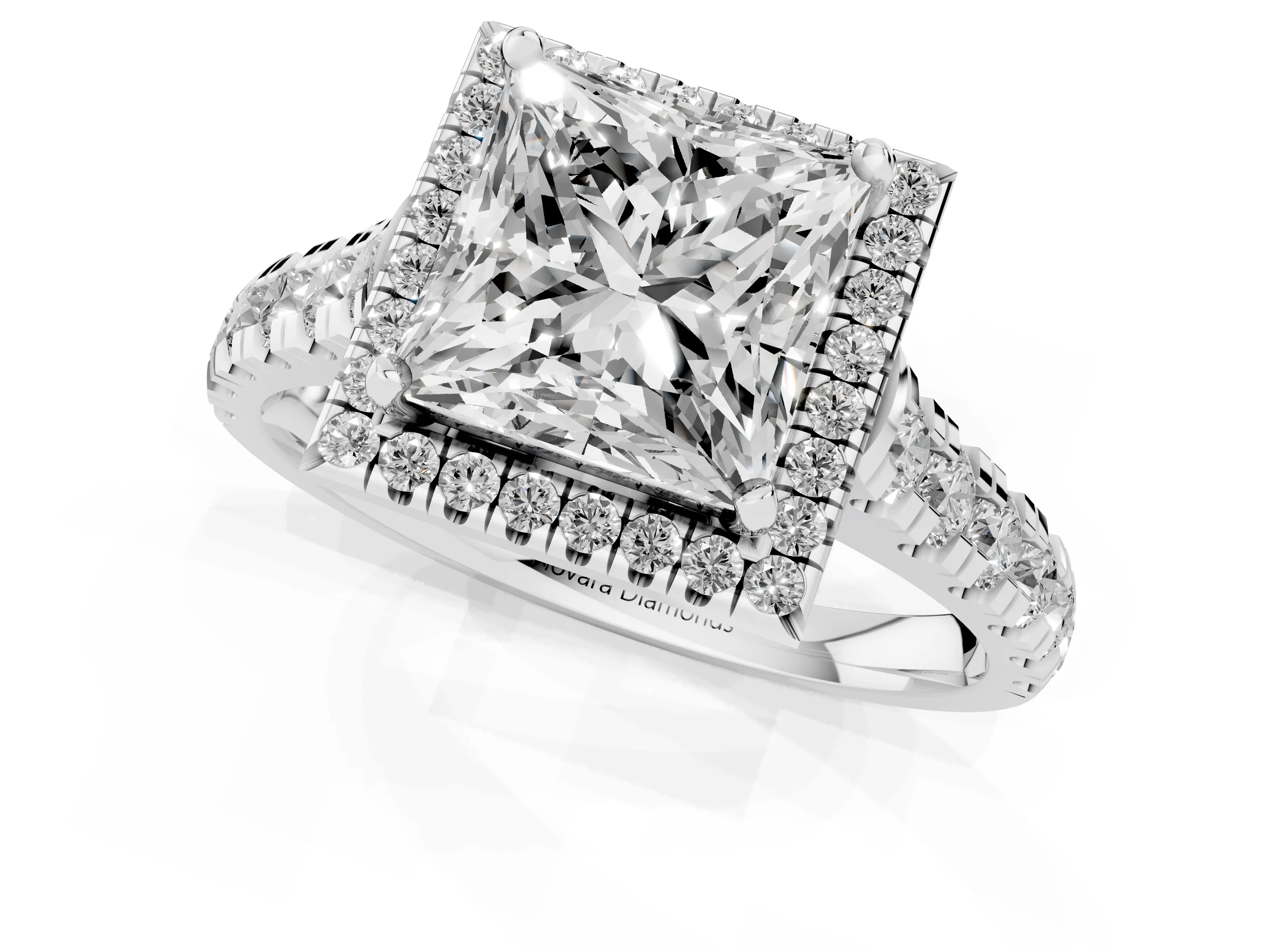 Princess Cut Diamond Halo Engagement Ring Set in White gold with Pavé Band and Prong-Set Center