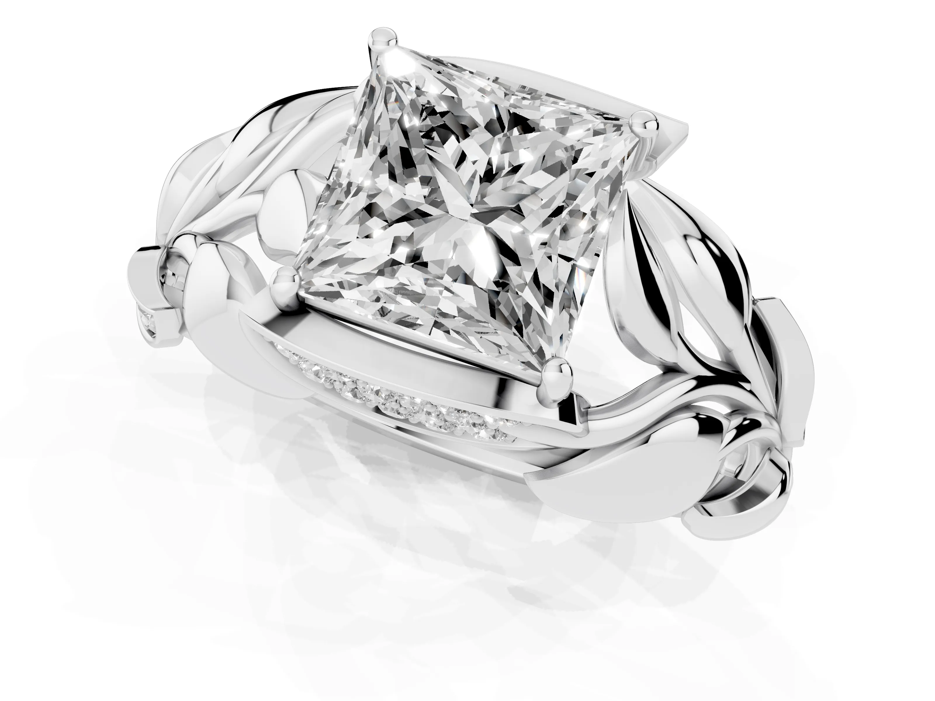 Princess Cut Diamond Leaf-Inspired Engagement Ring Set in White gold with Round Accents – second view