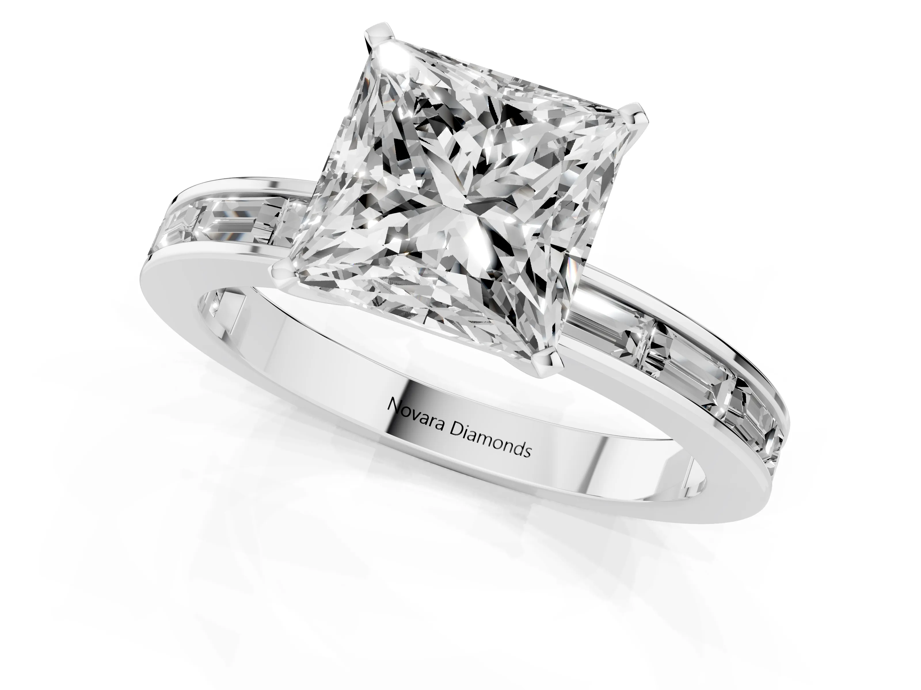 Princess Cut Diamond Solitaire Ring Set in White gold with Channel-Set Baguette Band and Prong Setting