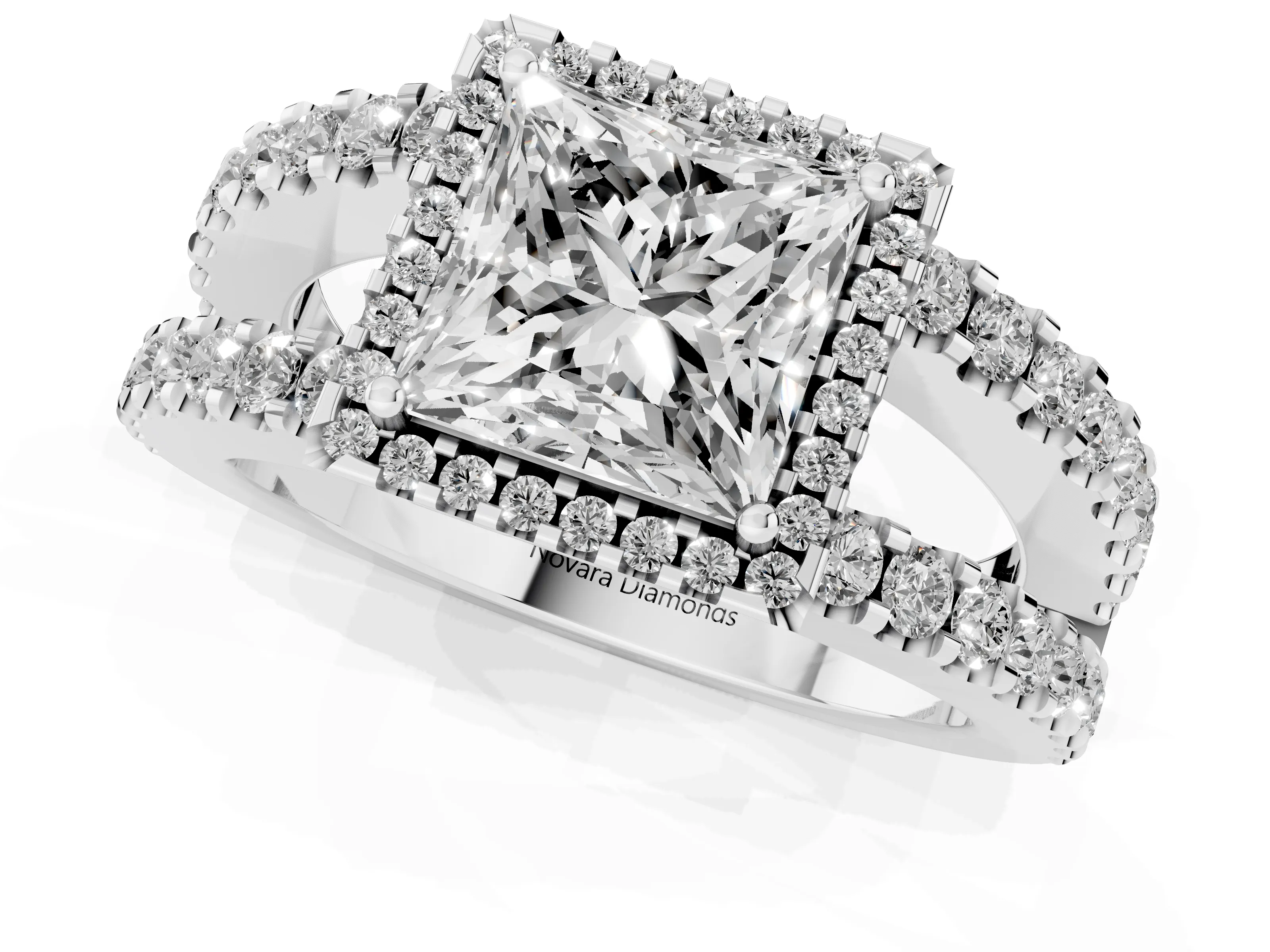 Princess Cut Diamond Halo Ring Set in Platinum with Pavé Split Shank and Prong Setting