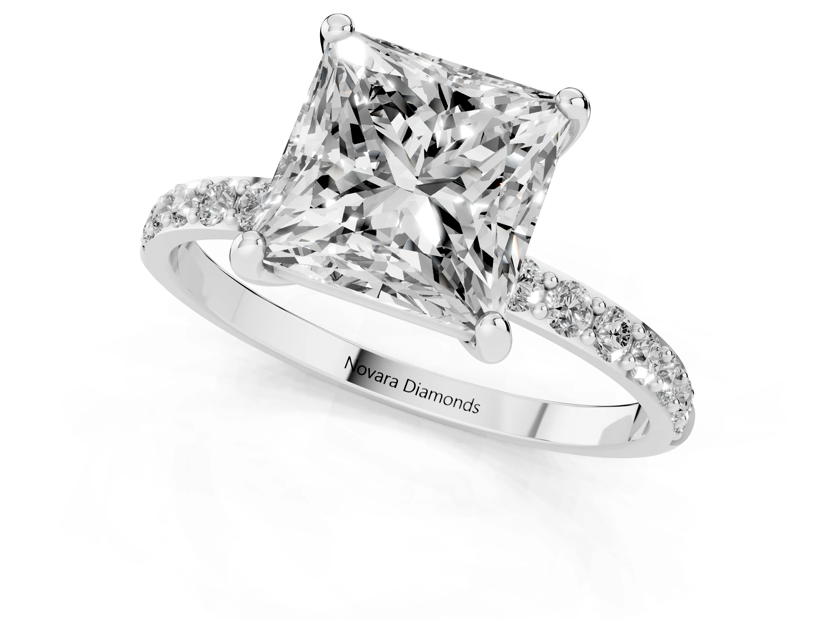 Princess Cut Diamond Solitaire Ring Set in White gold with Round Pavé Band and Prong Setting