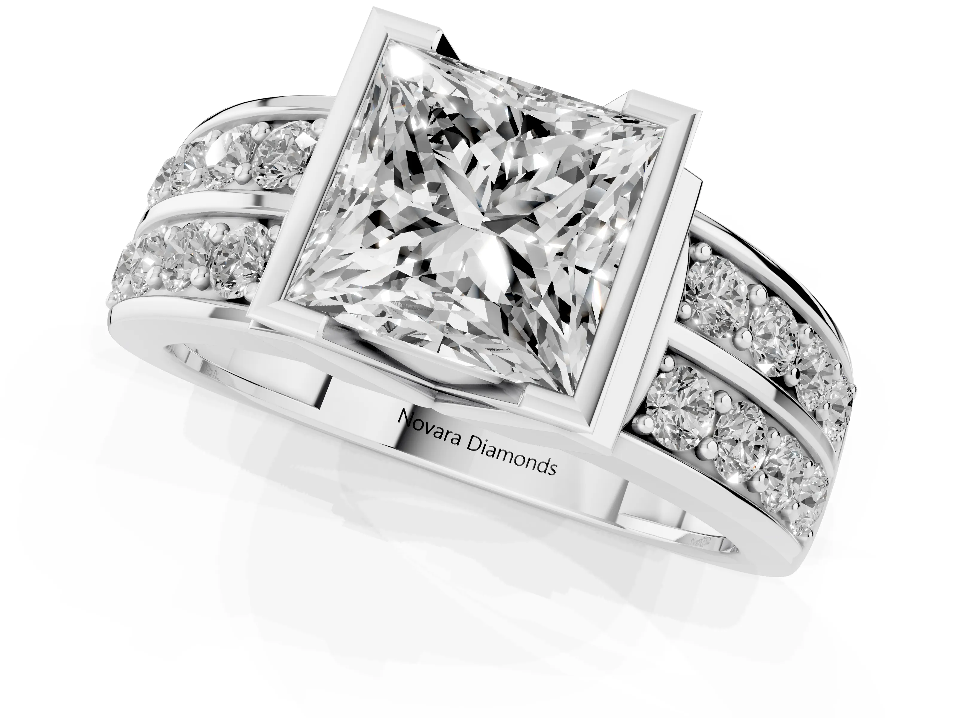 Princess Cut Diamond Wide Channel Set Band Ring Set in White gold with Bezel Setting