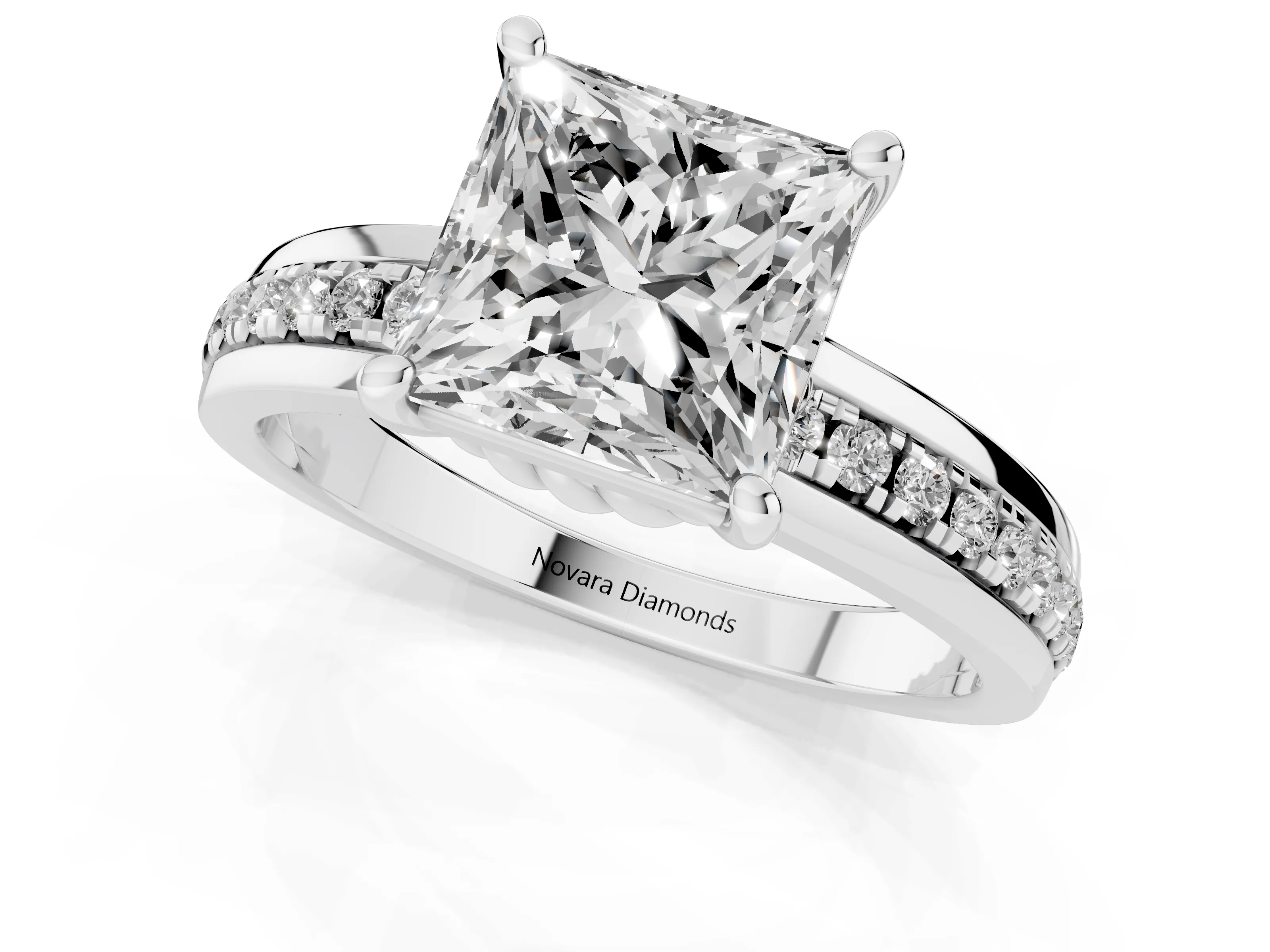 Princess Cut Diamond Solitaire Ring Set in White gold with Channel Set Band and Prong Setting
