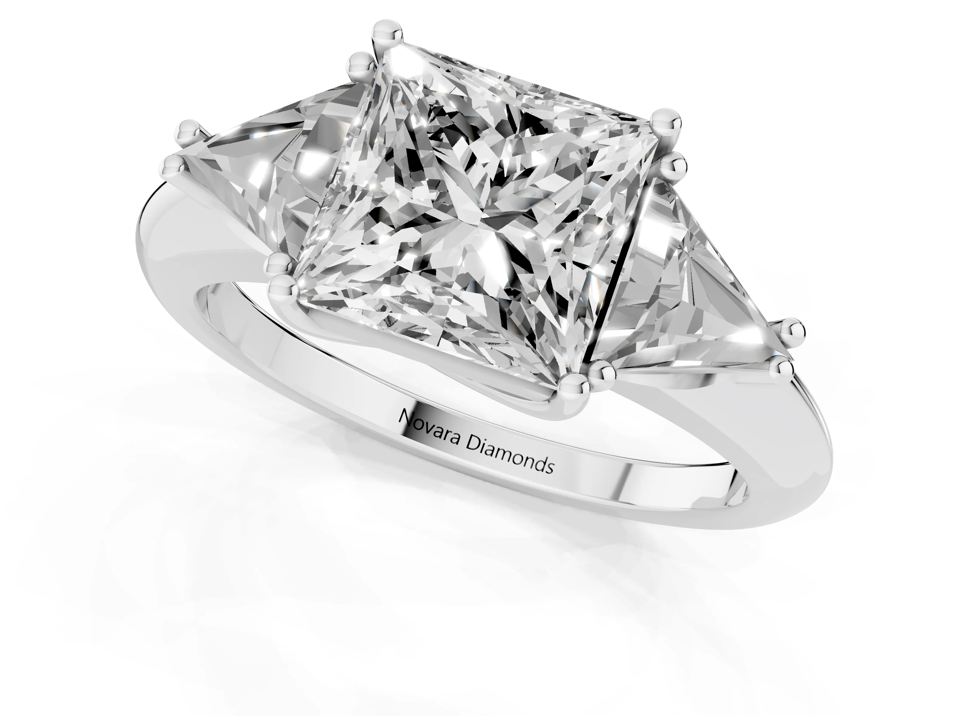 Princess Cut Diamond Three-Stone Engagement Ring Set in White gold with Trillion Side Stones