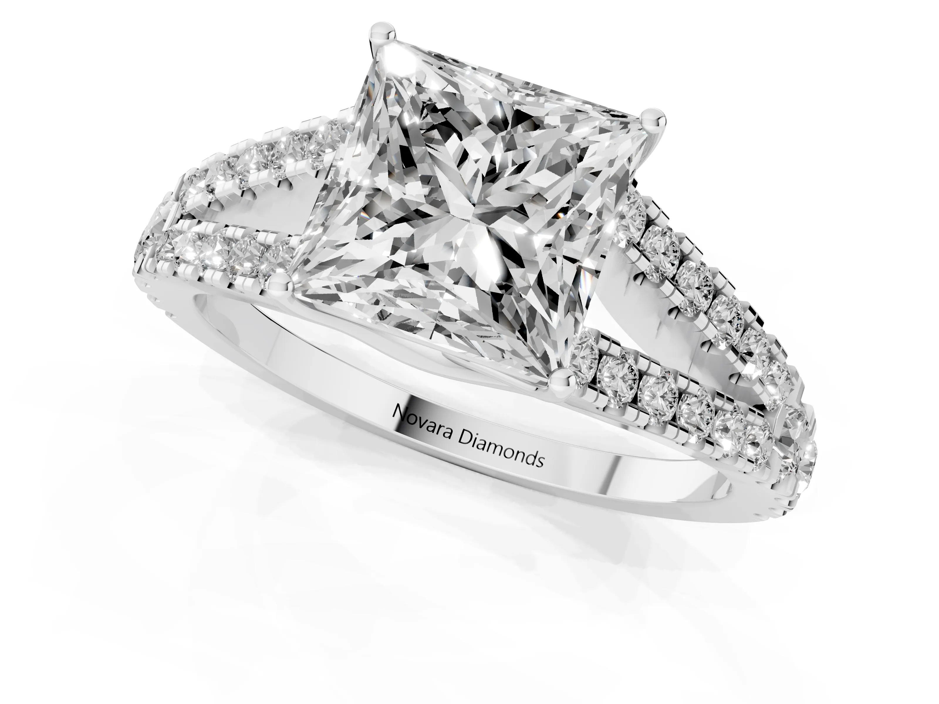 Princess Cut Diamond Split Shank Pavé Engagement Ring Set in Platinum with Prong-Held Center Stone