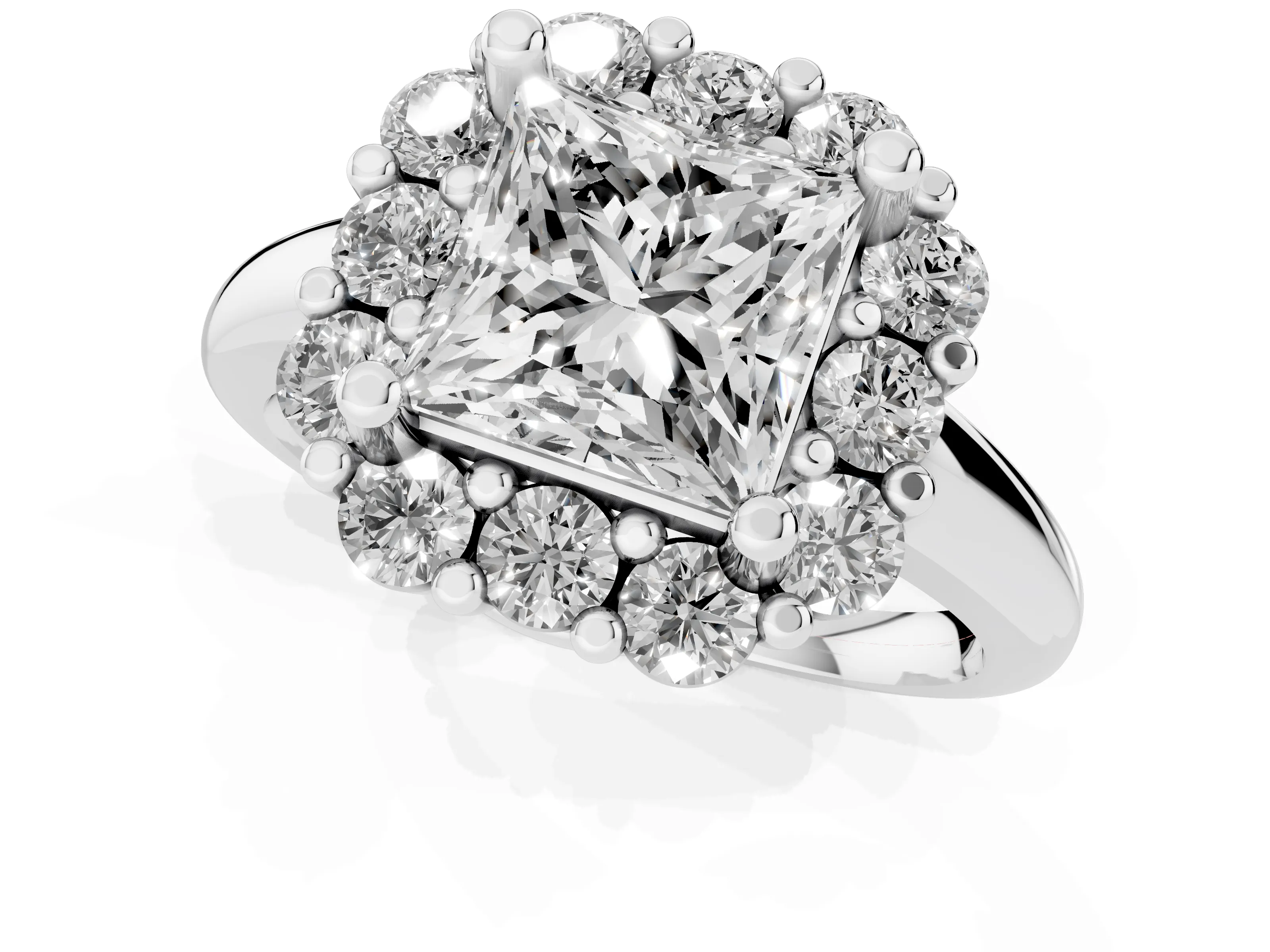 Princess Cut Diamond Halo Cluster Engagement Ring Set in Silver with Polished Band and Prong Setting