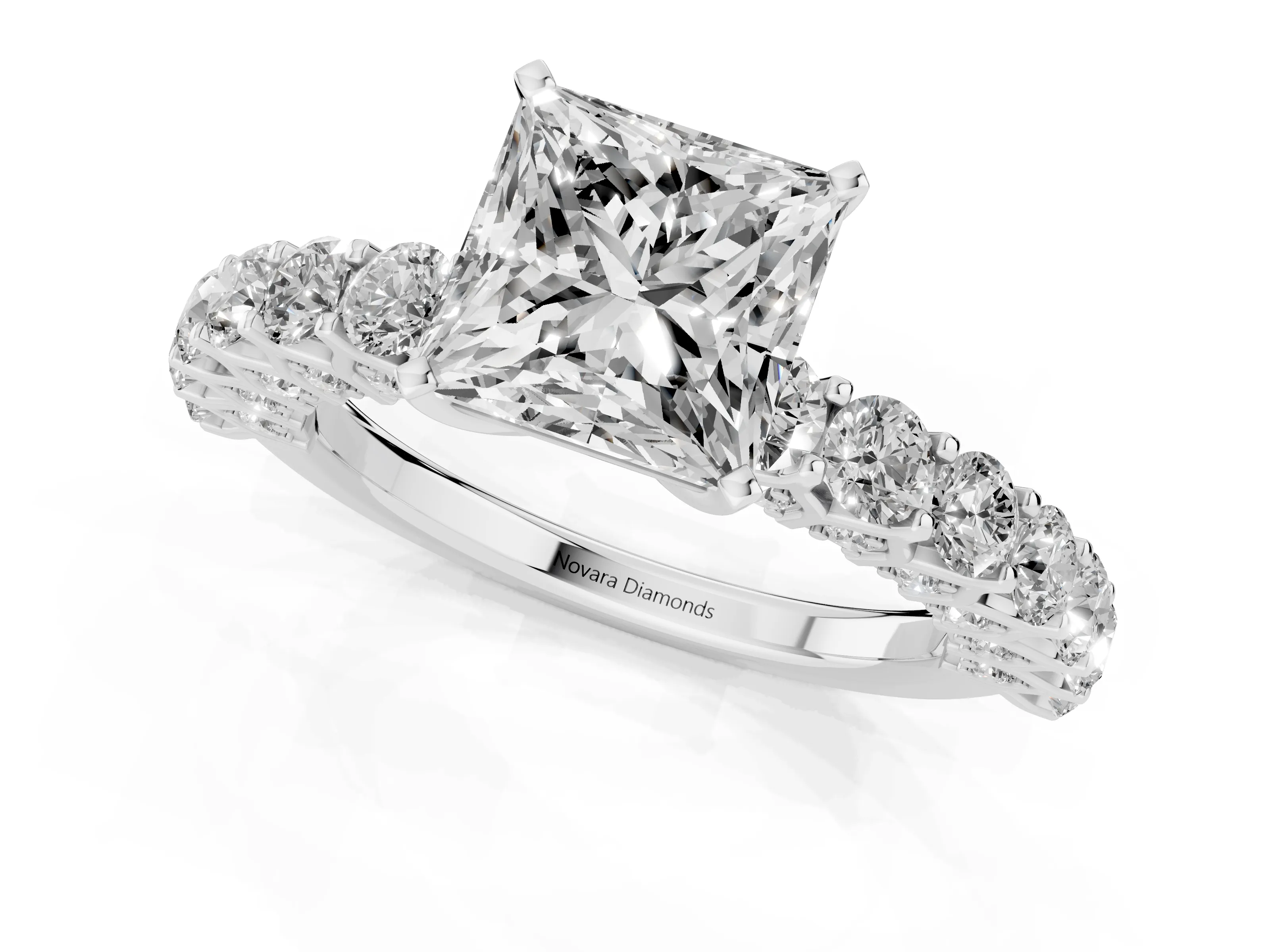 Princess Cut Diamond Solitaire Ring Set in White gold with Shared Prong Pavé Band