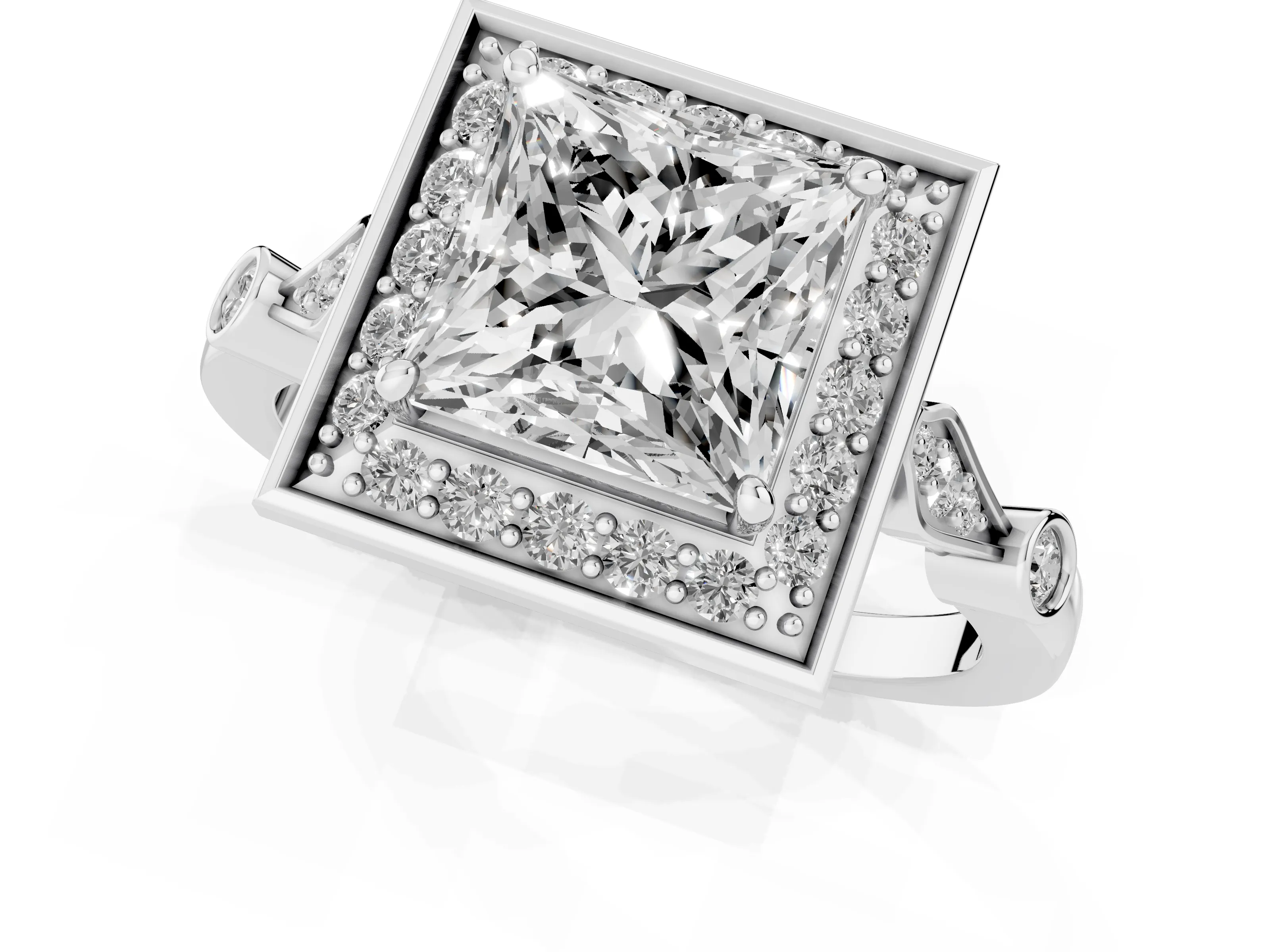 Princess Cut Diamond Halo Engagement Ring Set in Platinum with Twisted Band and Prong Setting – second view