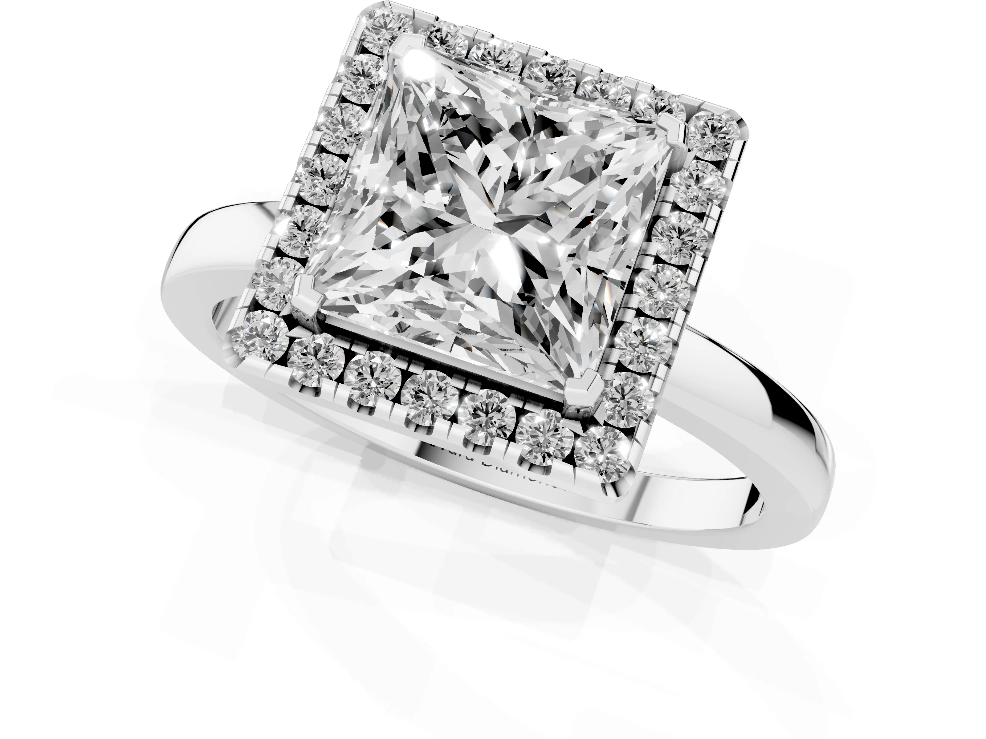 Princess Cut Diamond Halo Solitaire Ring Set in Platinum with Pavé Band and Prong Setting
