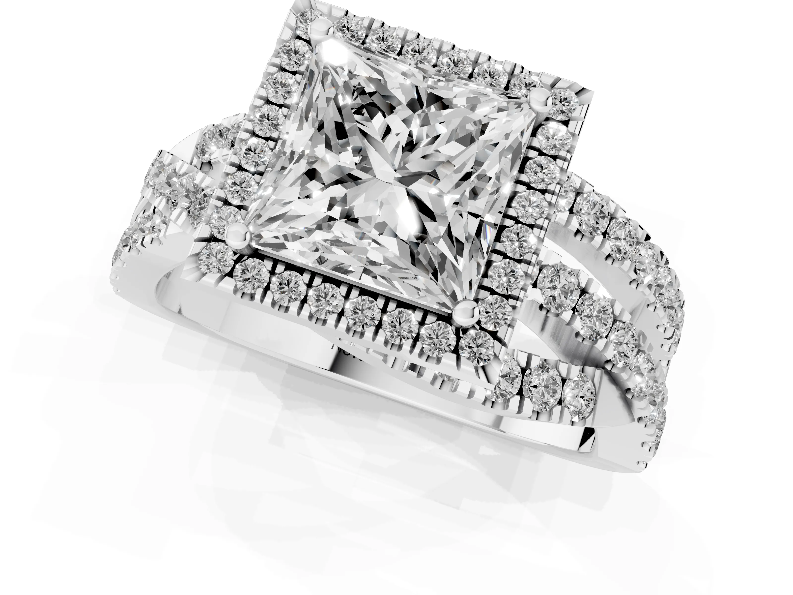 Princess Cut Diamond Halo Ring Set in Platinum with Round Crossover Split Shank and Prong Setting