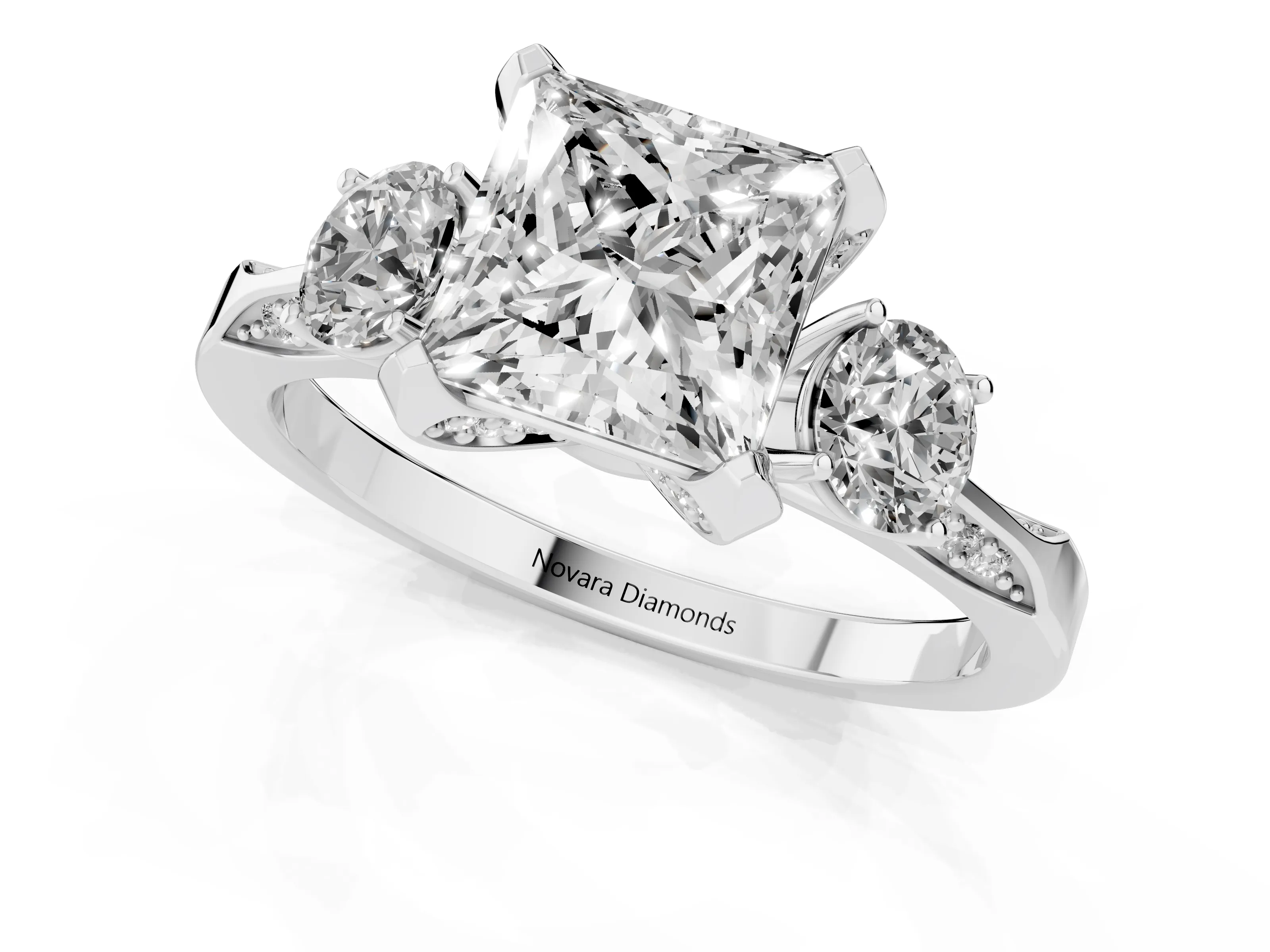 Princess Cut Diamond Three-Stone Ring Set in Platinum with Pavé Band and Smaller Side Stones – second view