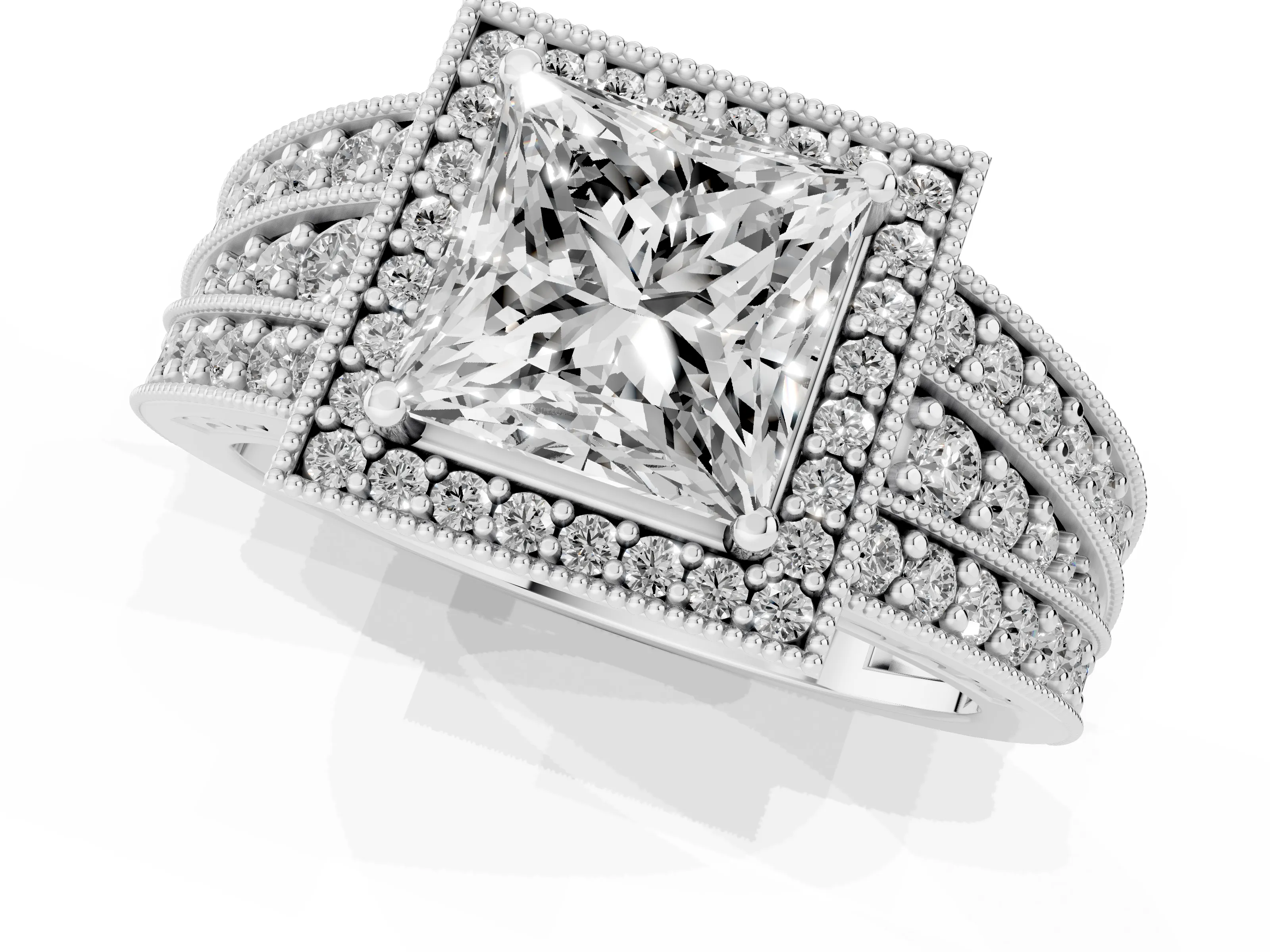 Princess Cut Diamond Halo Ring Set in White gold with Accent Split Shank and Prong Setting