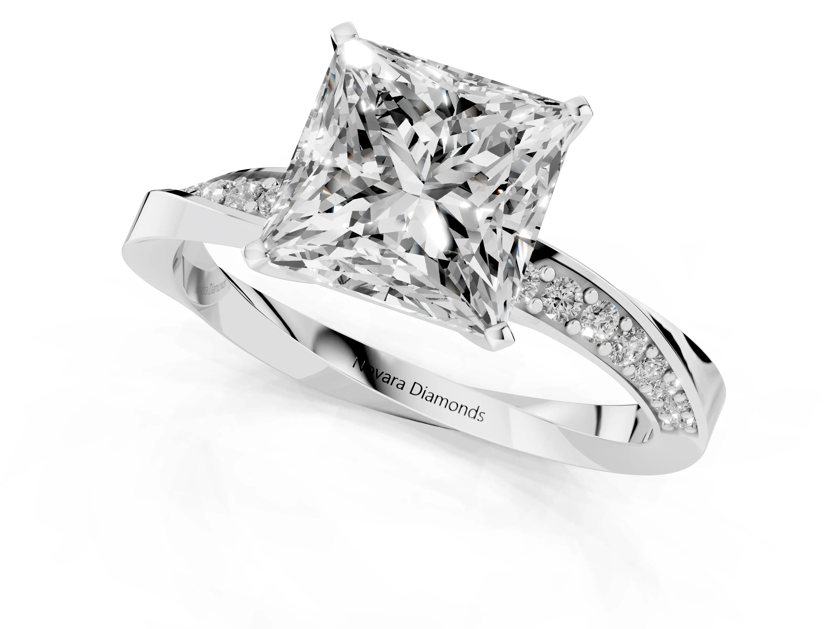 Princess Cut Diamond Engagement Ring Set in Silver with Side Stone Accents and Prong Setting