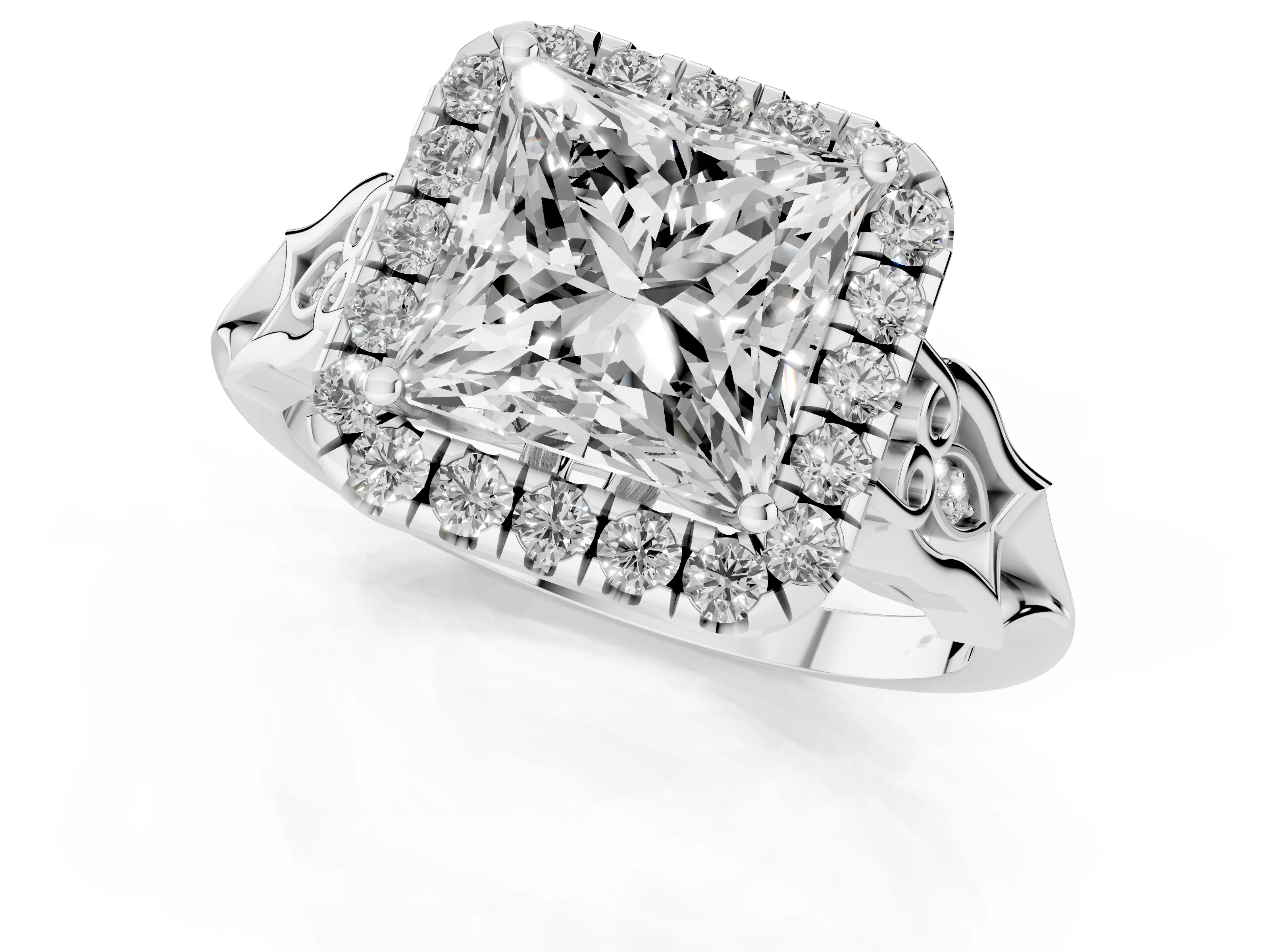 Princess Cut Diamond Halo Engagement Ring Set in White gold with Filigree Band and Prong-Set Center