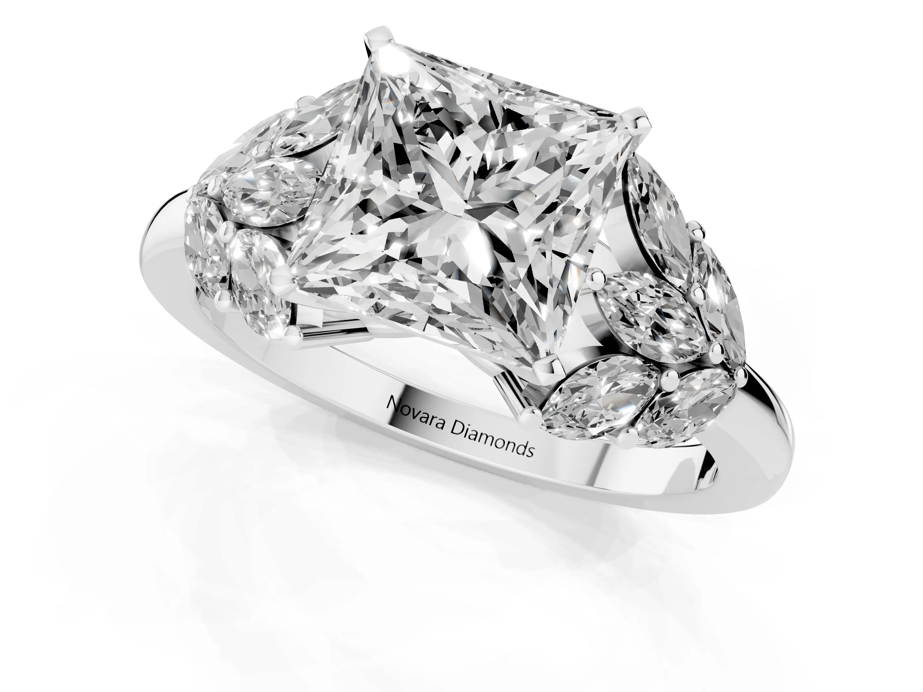 Princess Cut Diamond Cluster Leaf Design Ring Set in Platinum with Prong Setting
