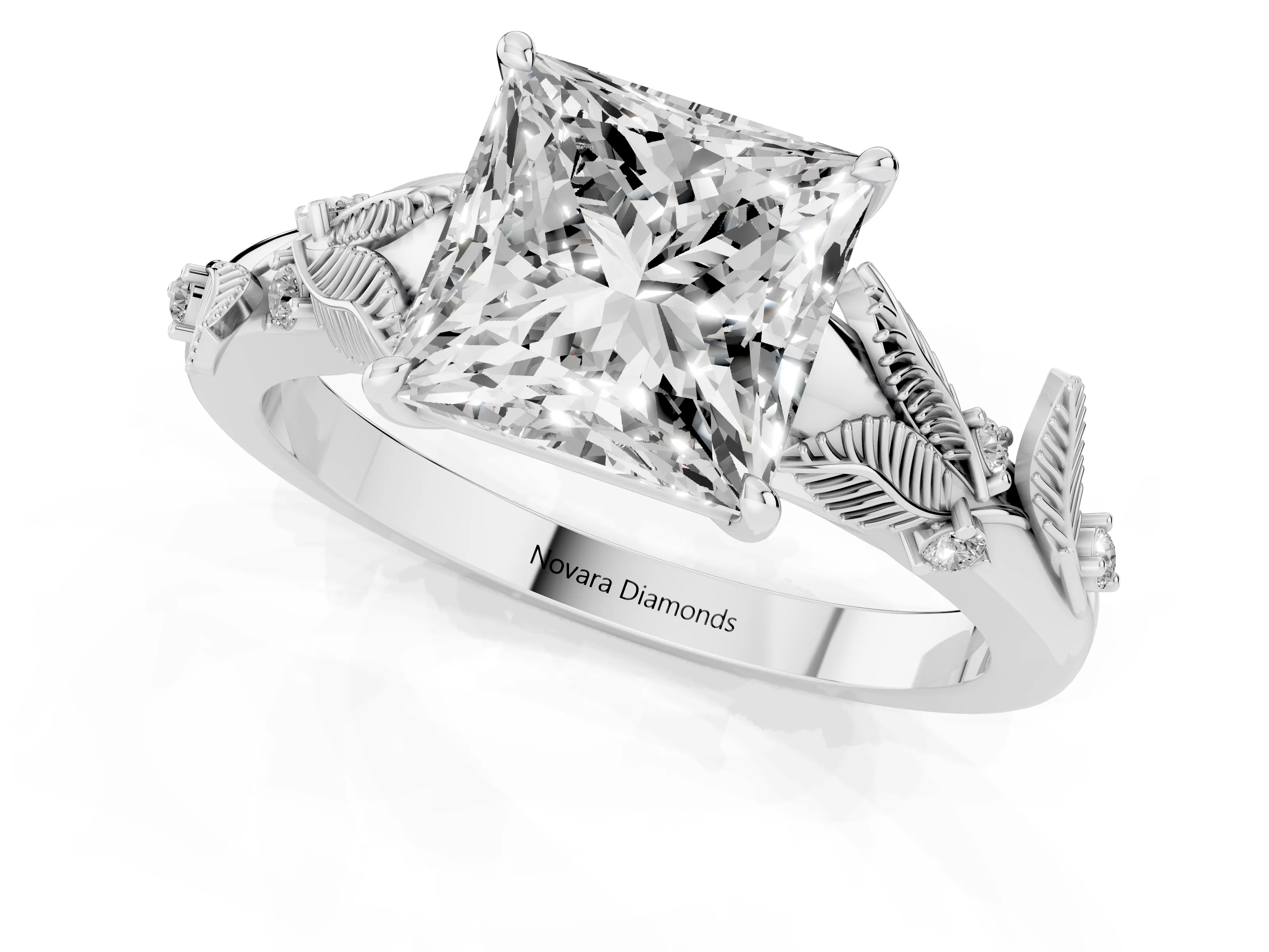 Princess Cut Diamond Solitaire Ring Set in White gold with Leaf Motif Band