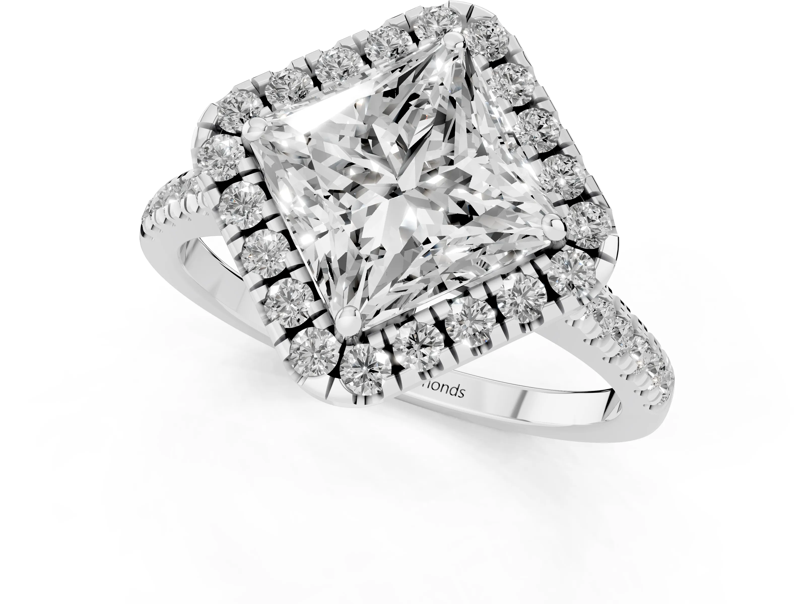 Princess Cut Diamond Cushion Halo Ring Set in Platinum with Pavé Band