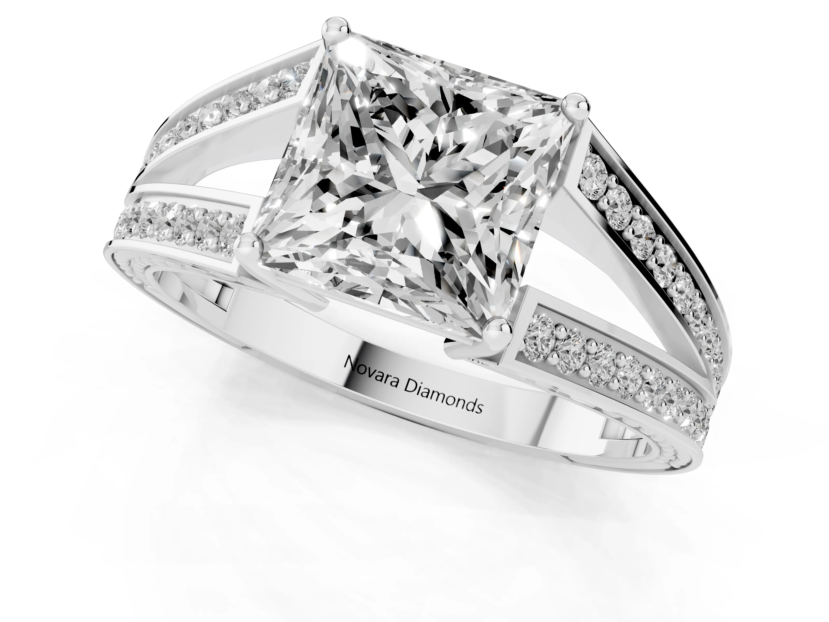 Princess Cut Diamond Split Shank Ring Set in Platinum with Pavé Band and Prong Setting