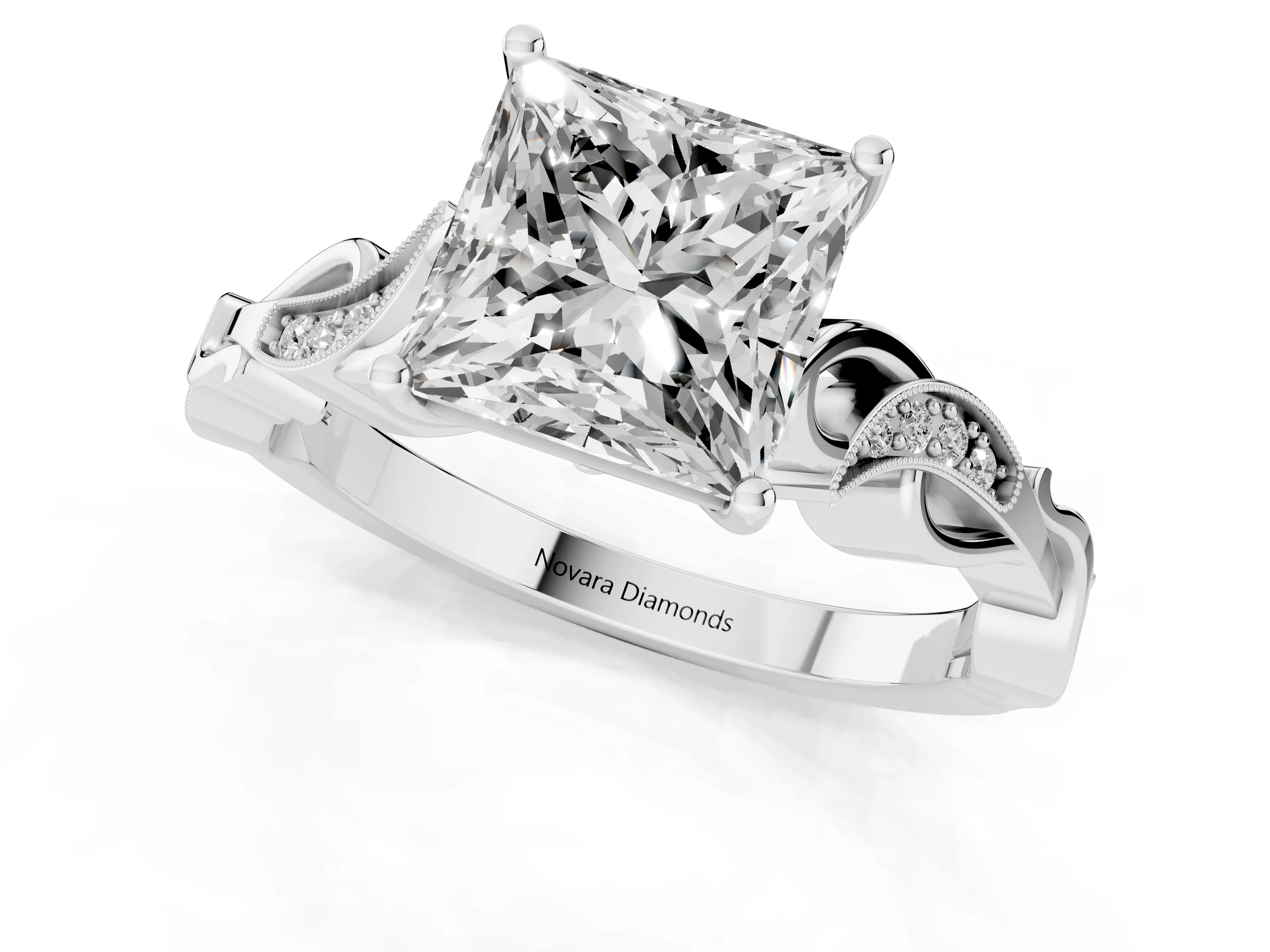 Princess Cut Diamond Vine Band Solitaire Ring Set in Silver with Milgrain Prong Setting