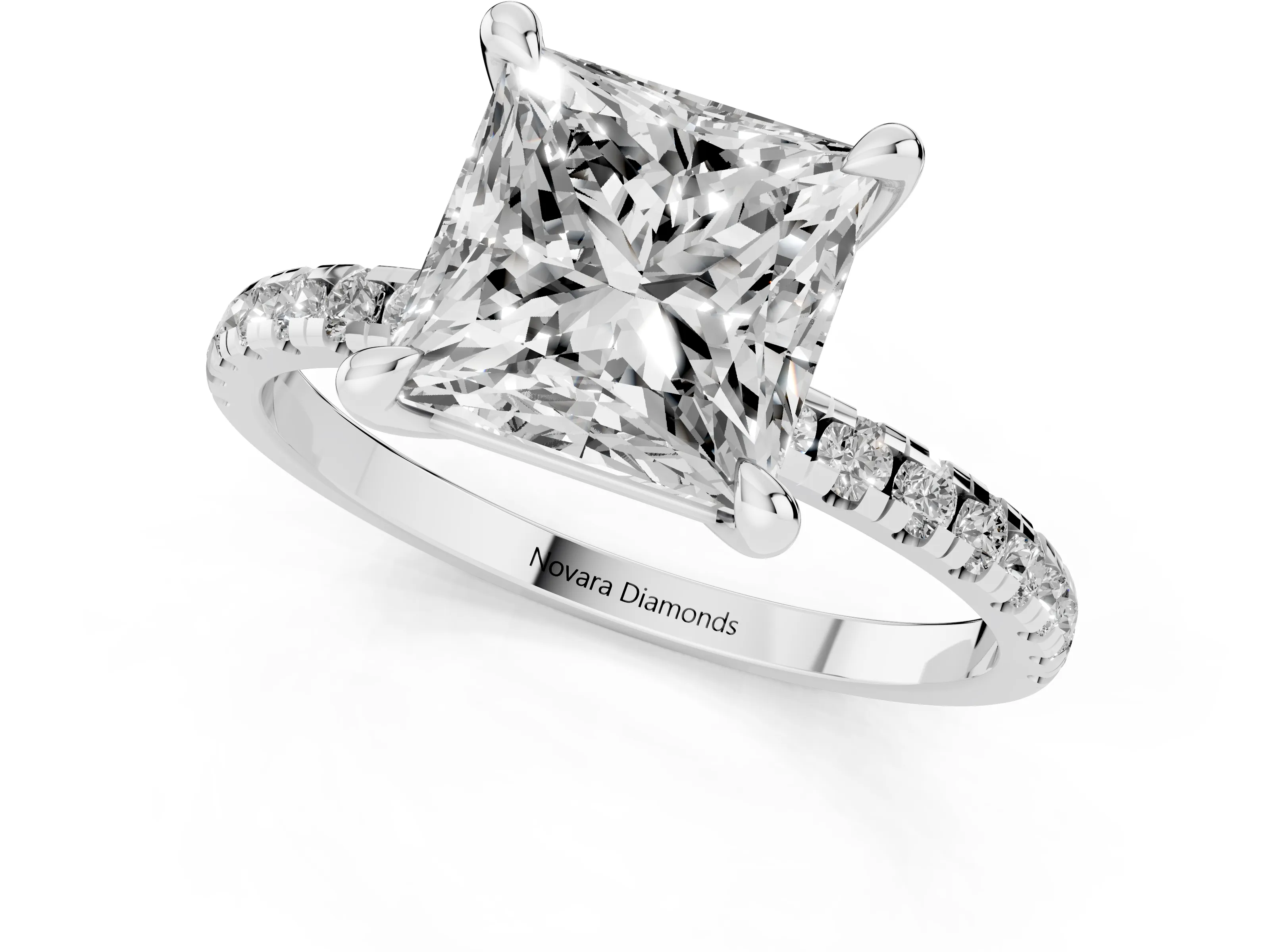 Princess Cut Diamond Brilliant Solitaire Ring Set in White gold with Pavé Band and Prong Setting