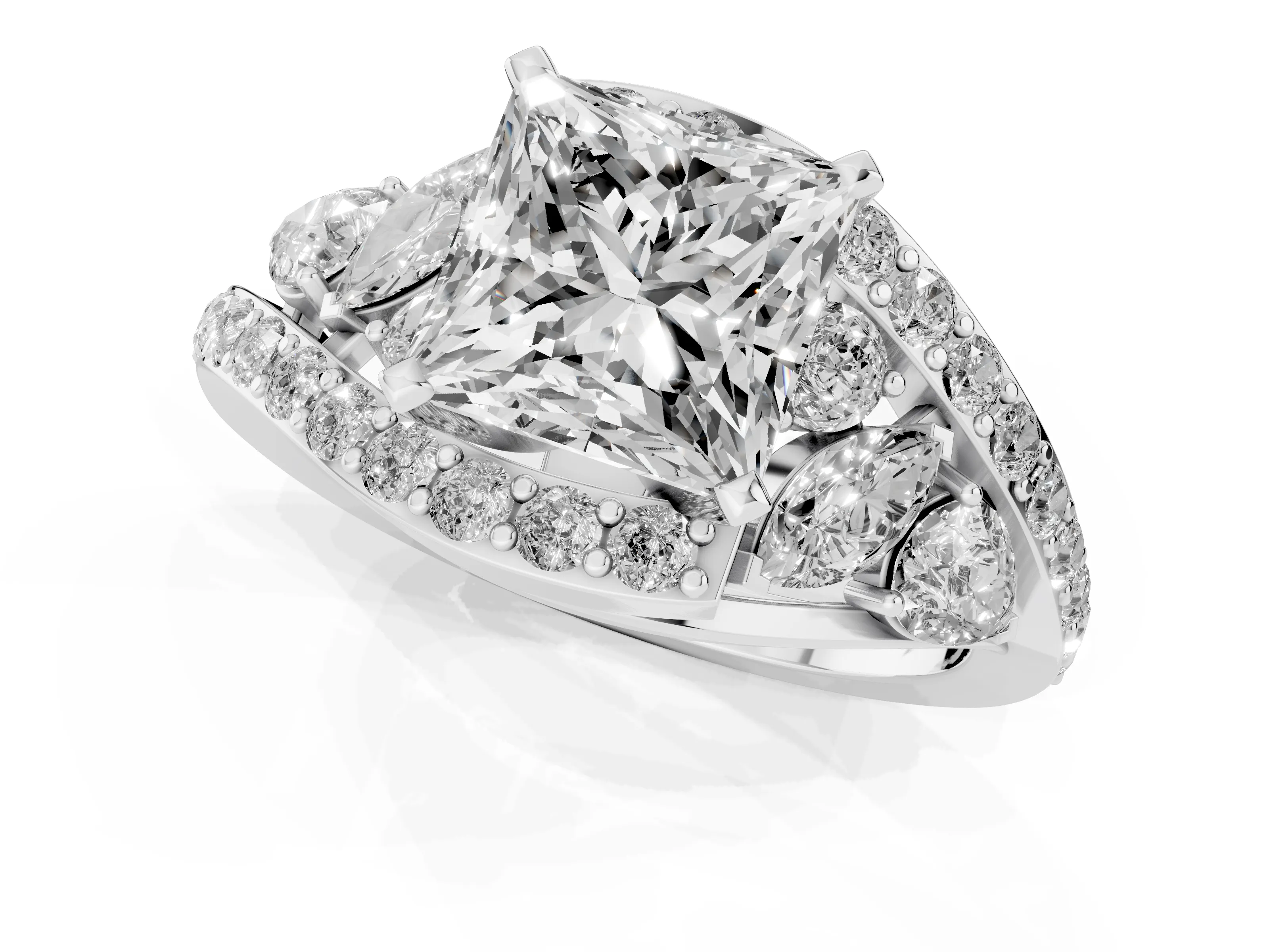 Princess Cut Diamond Halo Ring Set in Platinum with Marquise and Pavé Band in Prong Setting