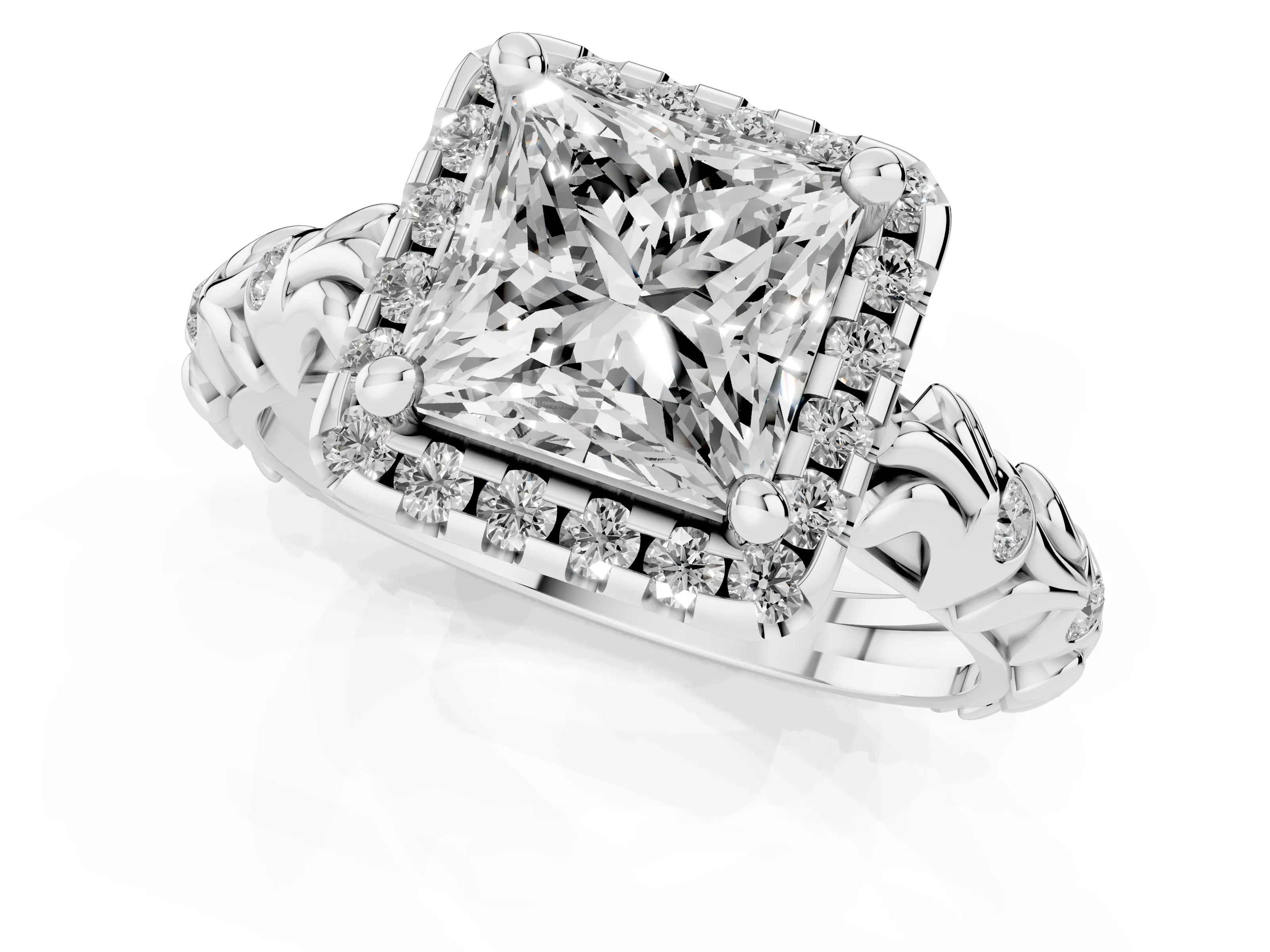 Princess Cut Diamond Halo Ring Set in Silver with Filigree Leaf Band and Prong Setting