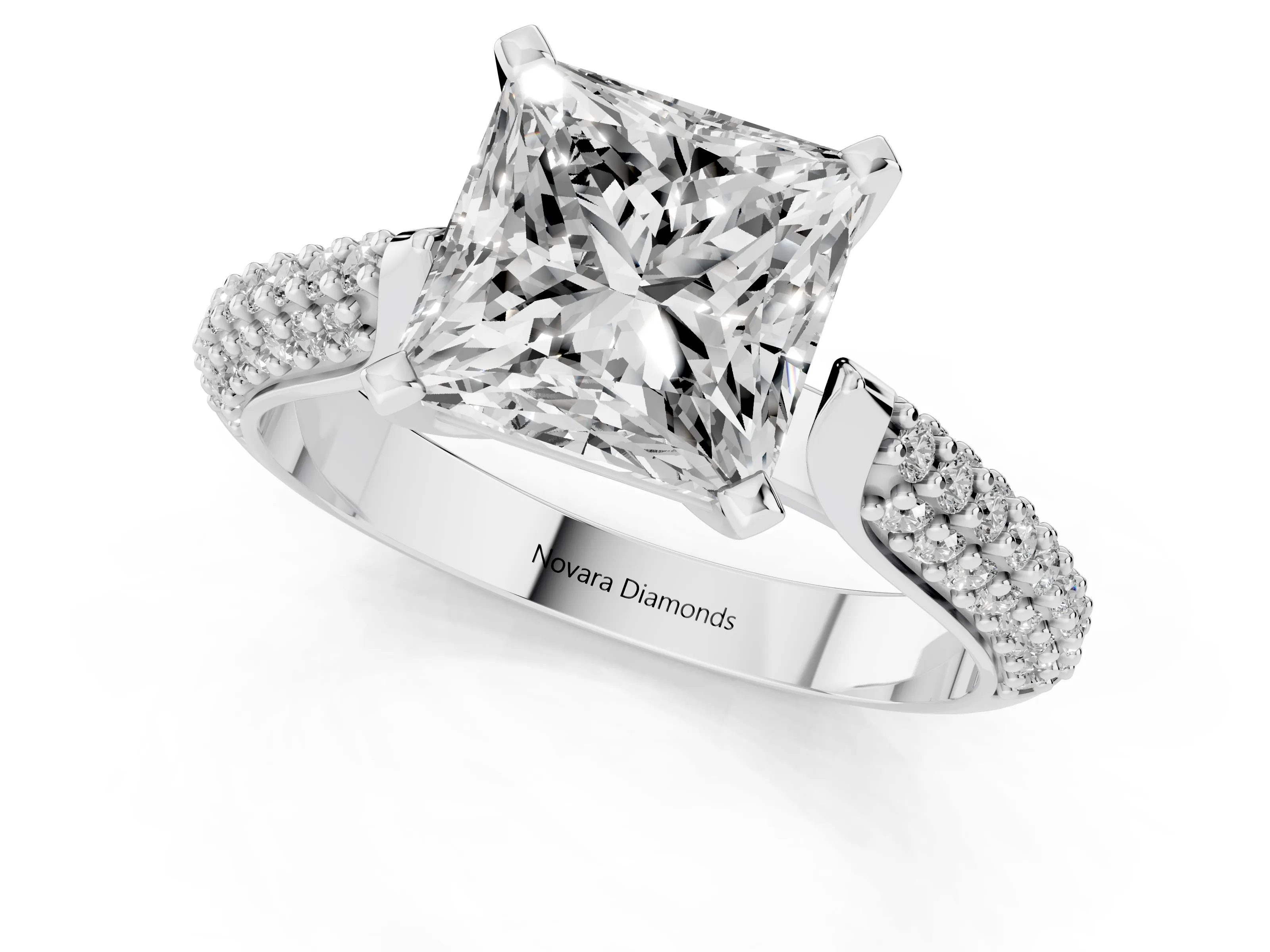 Princess Cut Diamond Solitaire Engagement Ring Set in White gold with Multi-Row Round Pavé Band and Prong Setting