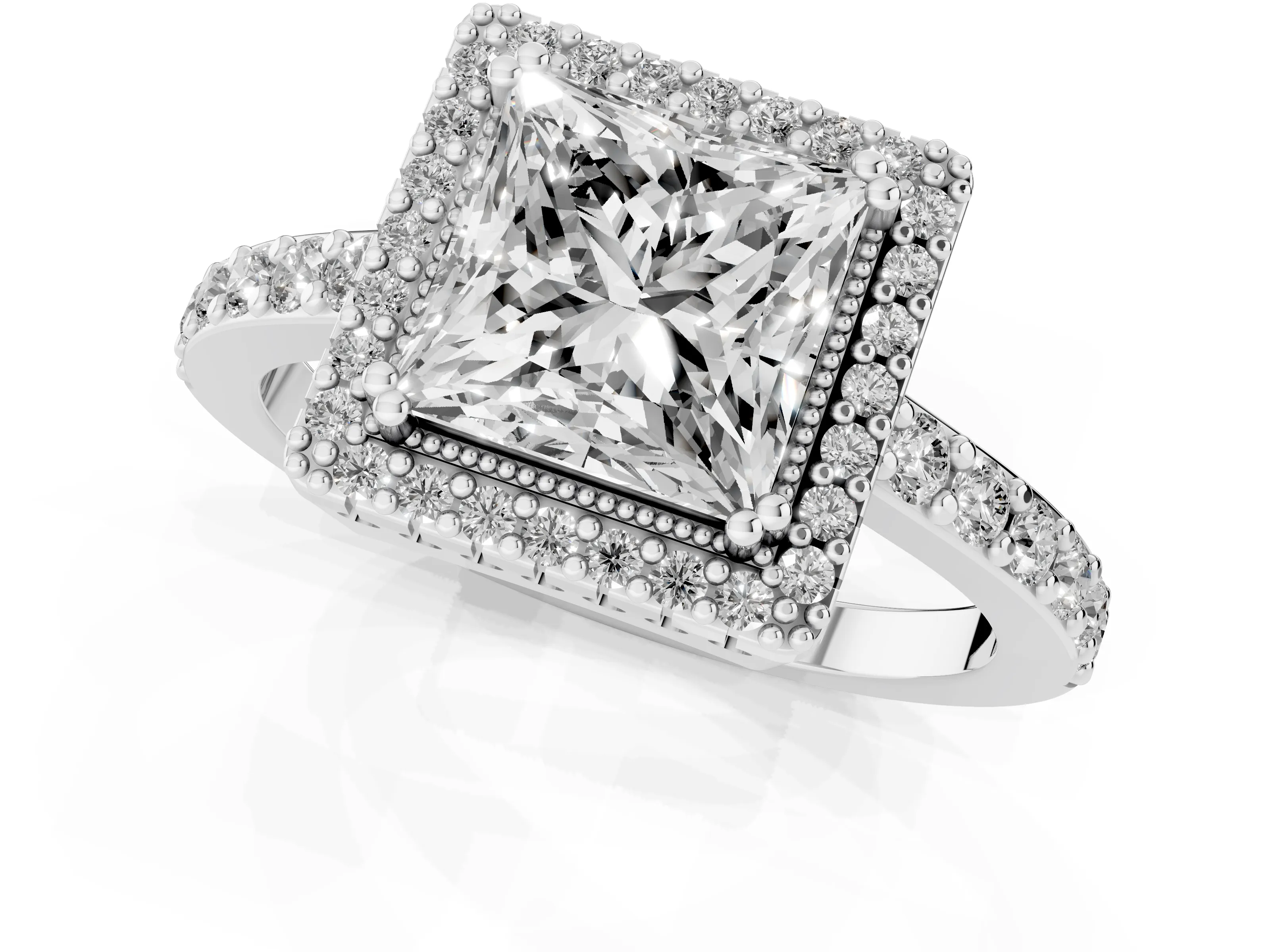 Princess Cut Diamond Halo Engagement Ring Set in White gold with Milgrain Detail and Pavé Band