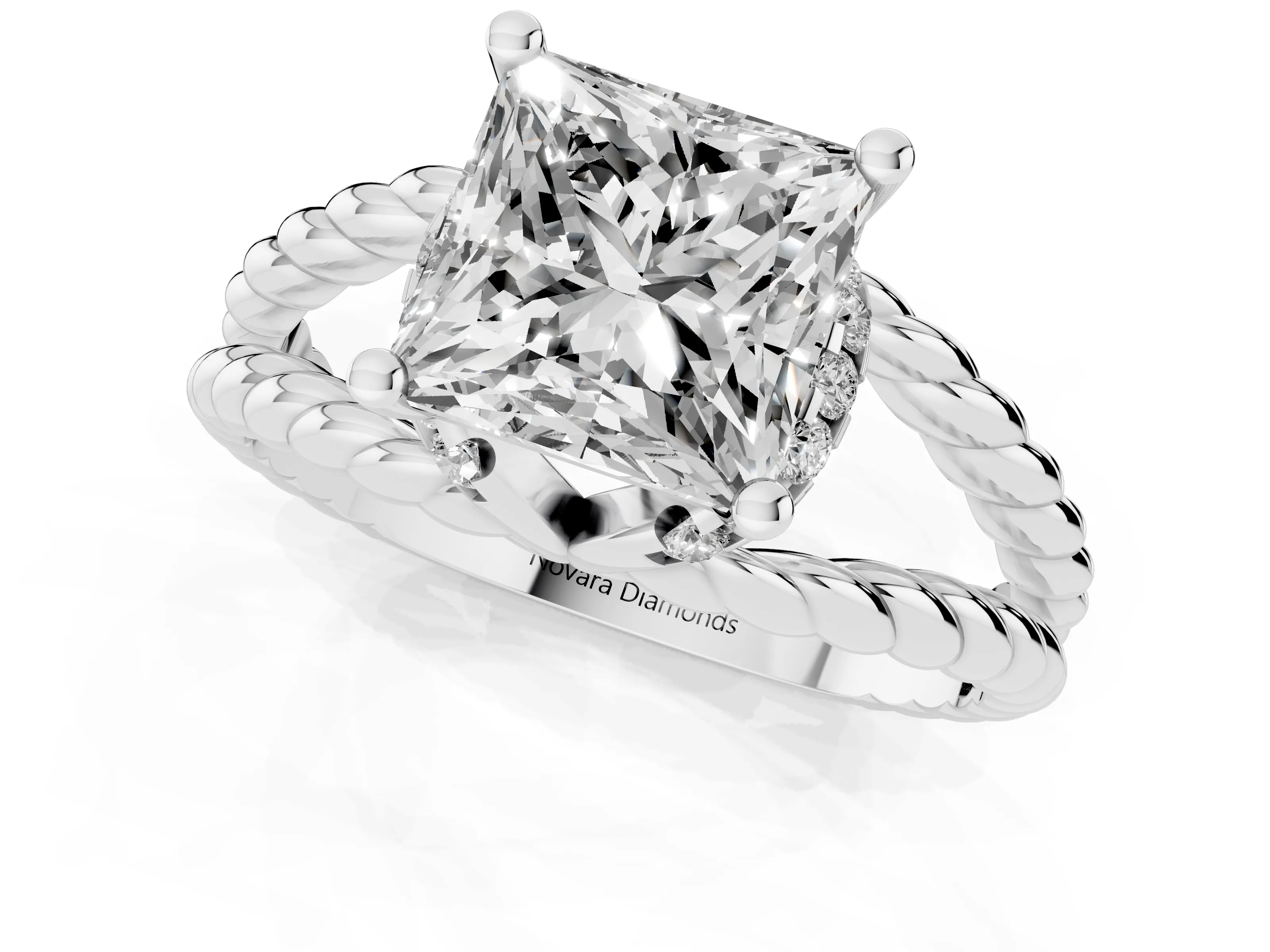 Princess Cut Diamond Halo Ring Set in White gold with Twisted Band and Prong Setting