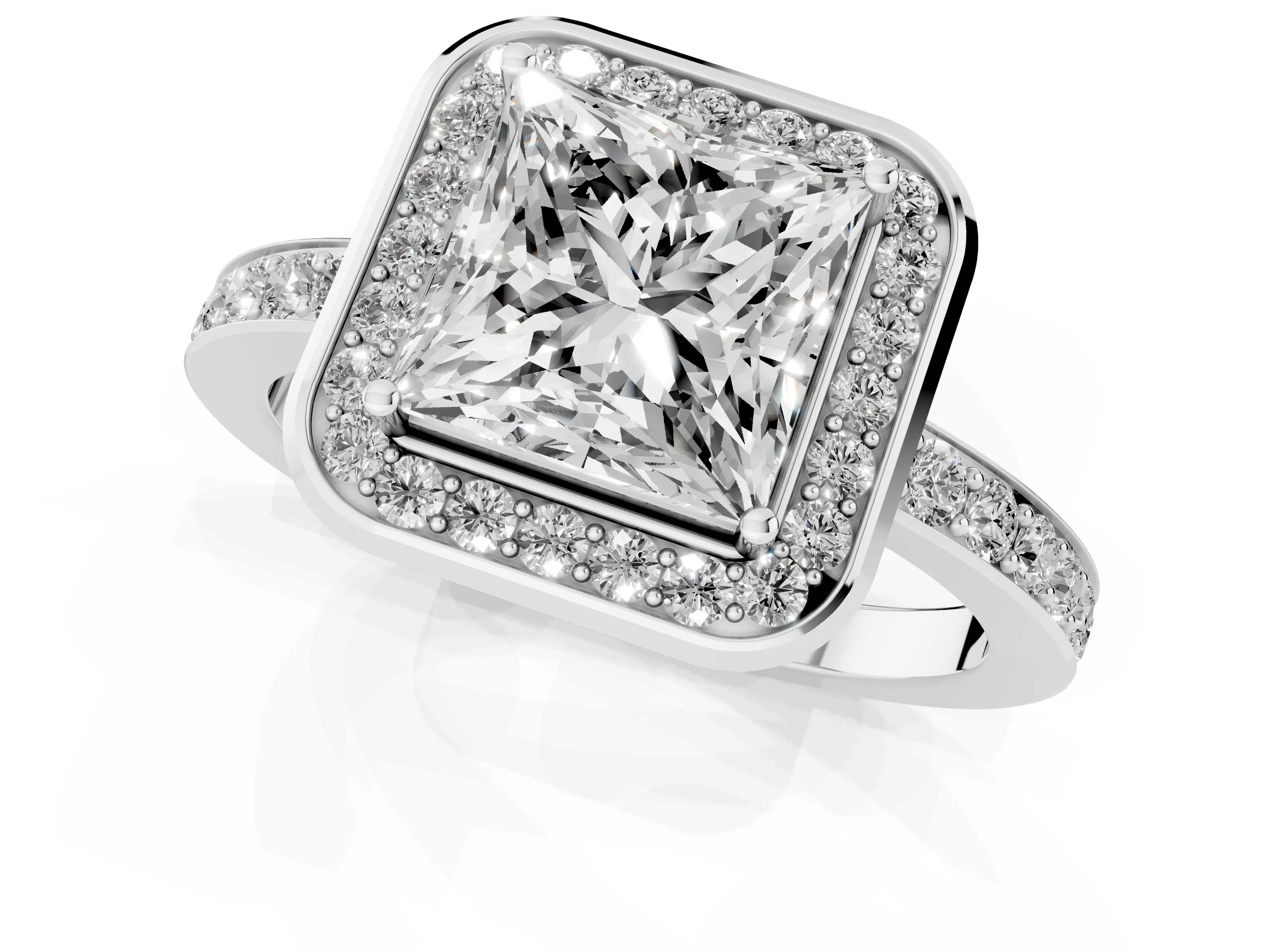 Princess Cut Diamond Halo Ring Set in Platinum with Bezel Frame and Pavé Band