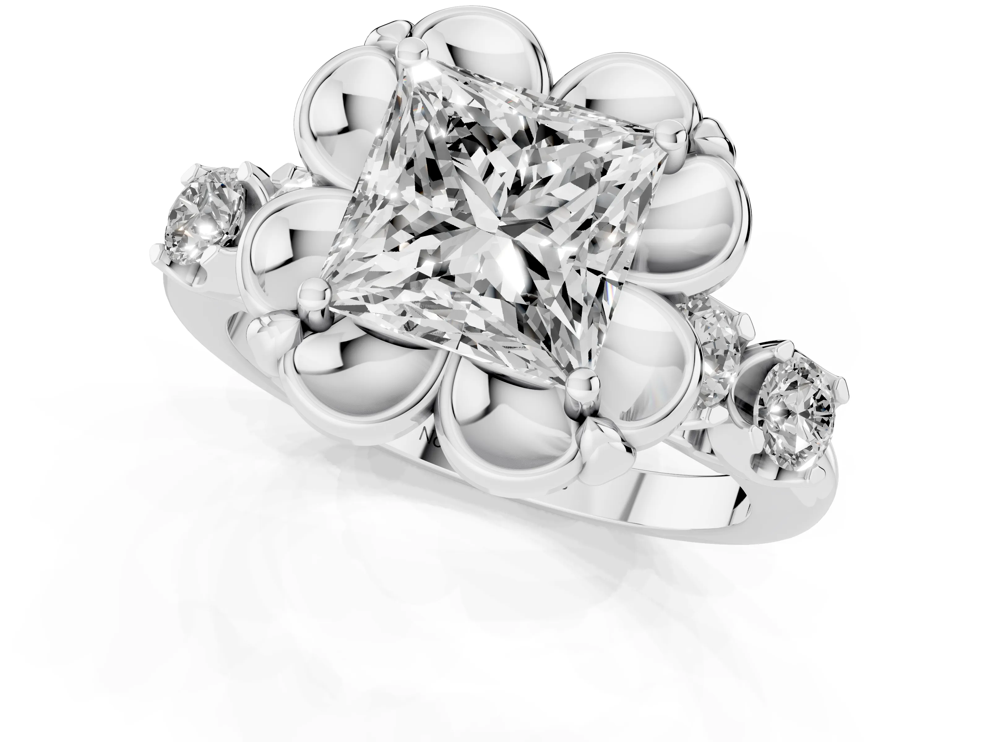 Princess Cut Diamond Floral Halo Ring Set in White gold with Shared Prong Band – second view