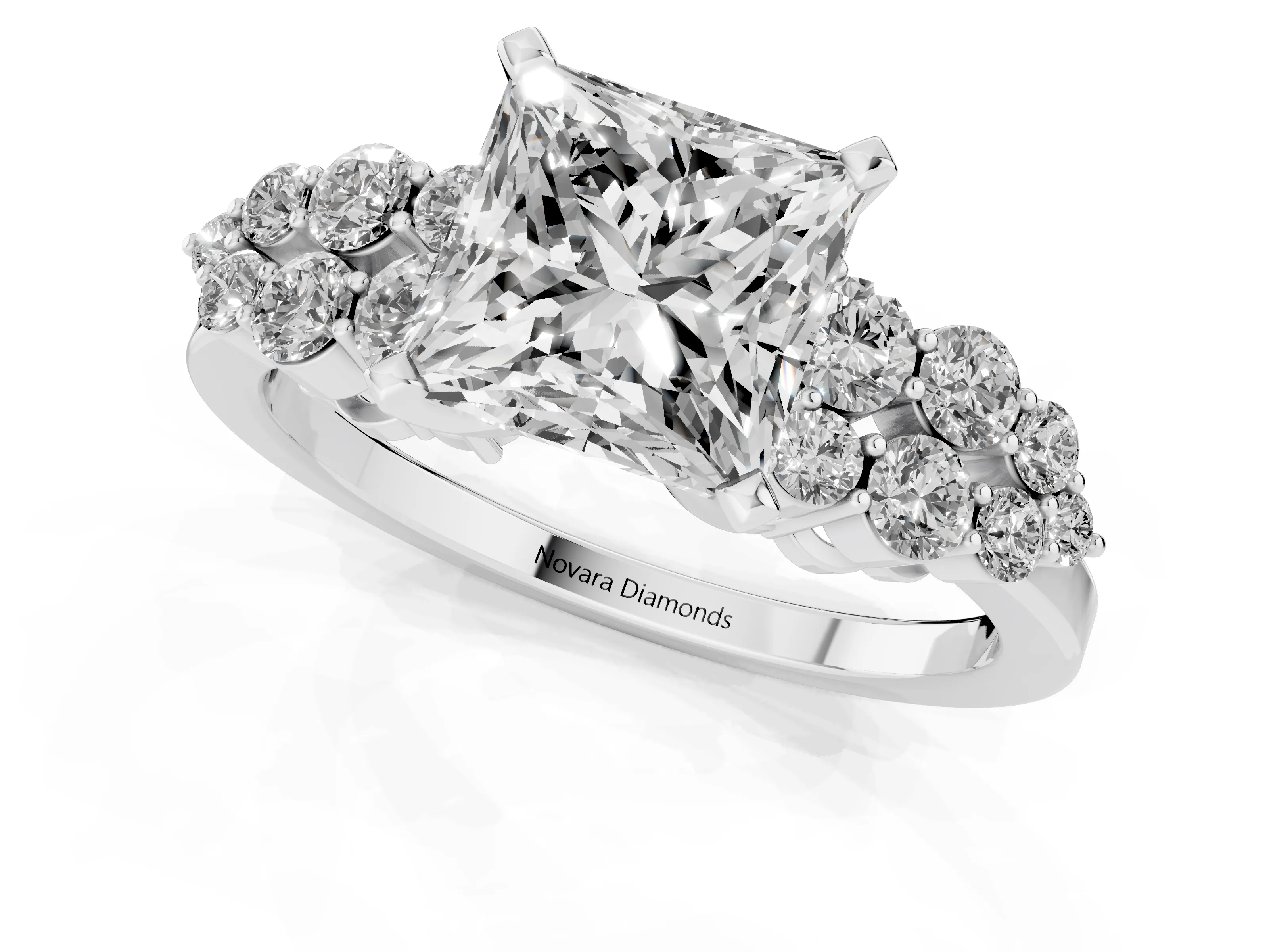 Princess Cut Diamond Cluster Engagement Ring Set in Platinum with Pavé Band and Prong Setting – second view