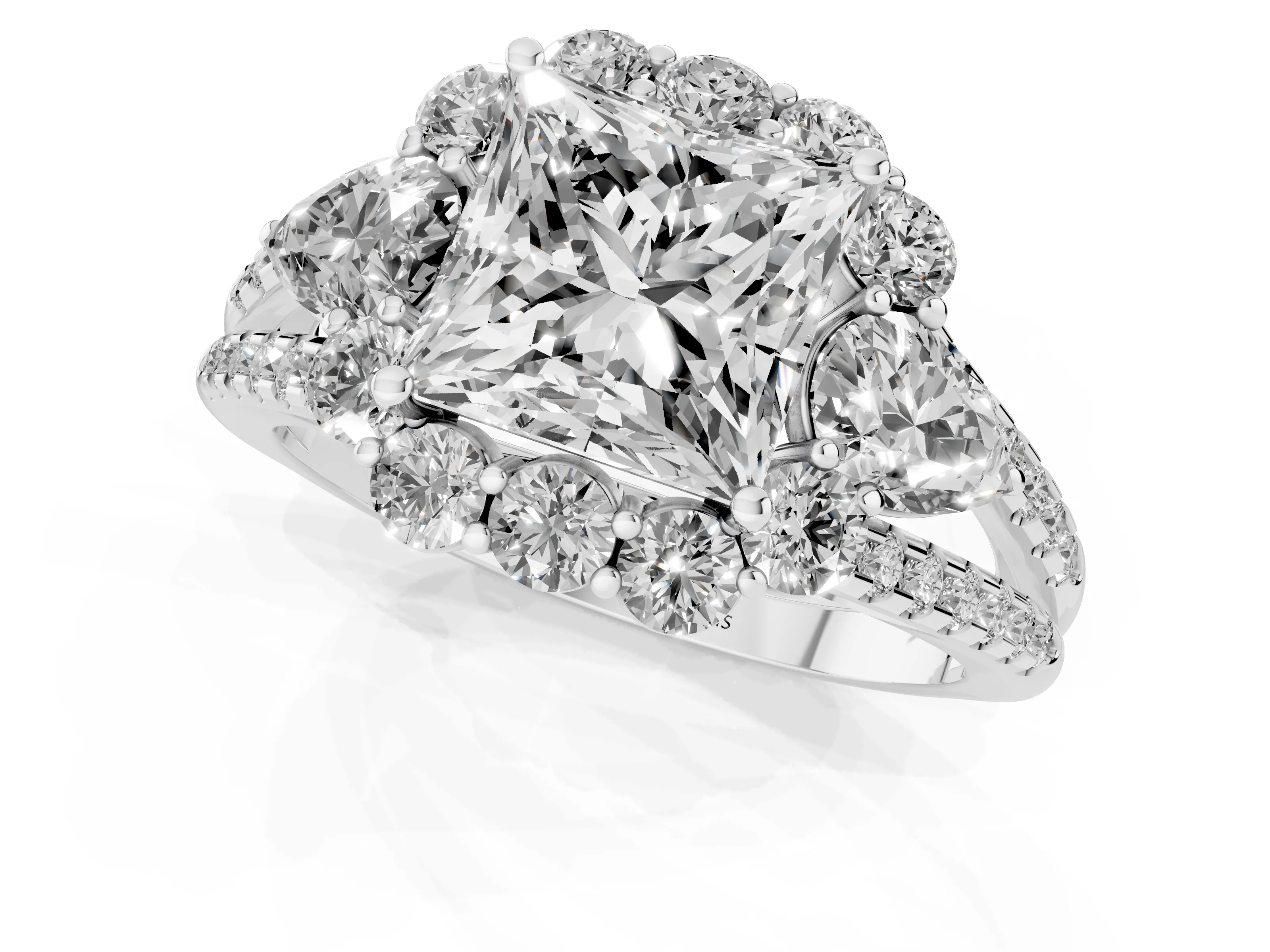 Princess Cut Diamond Halo Split Shank Engagement Ring Set in White gold with Prong-Held Center Stone