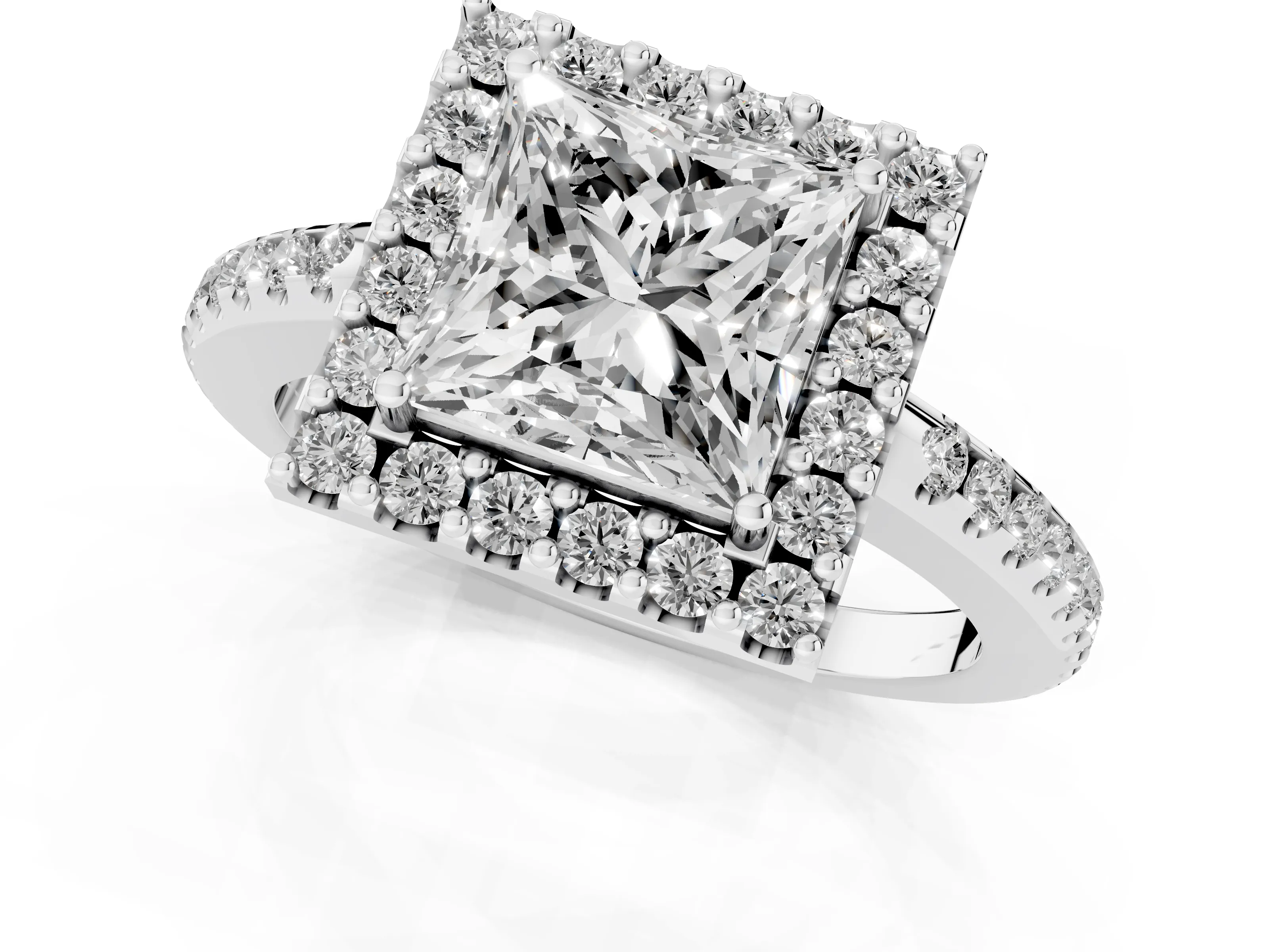 Princess Cut Diamond Pavé Halo Ring Set in Silver with Prong Setting
