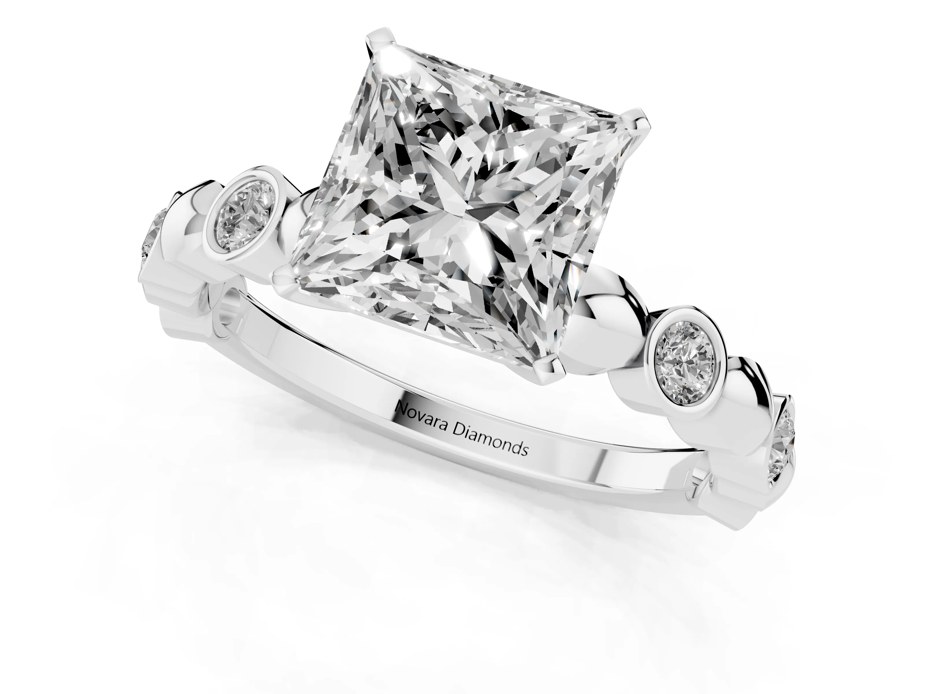 Princess Cut Diamond Solitaire Ring Set in White gold with Bezel-Set Accents on Beaded Band and Prong Setting