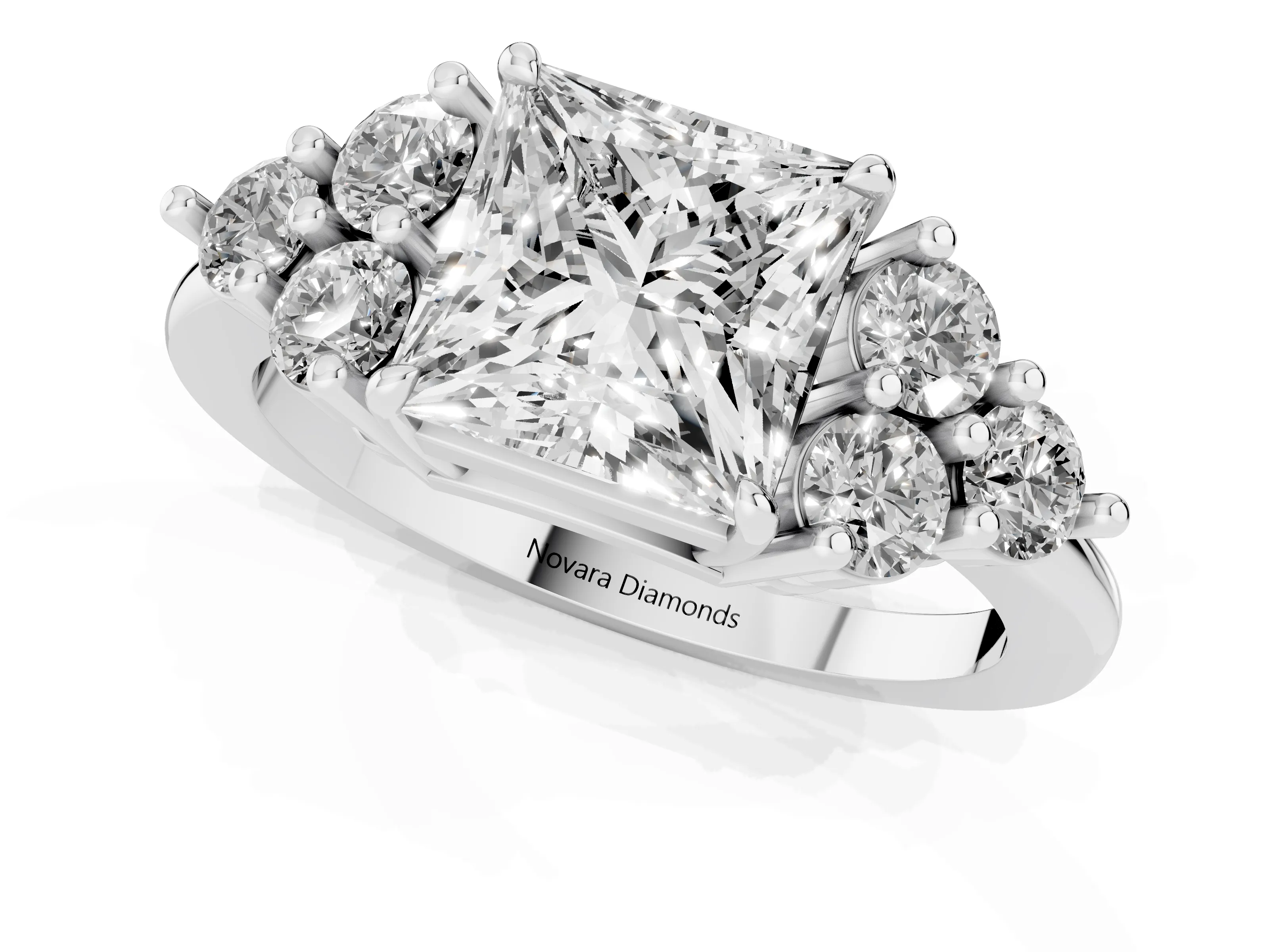 Princess Cut Diamond Solitaire Ring Set in White gold with Cluster Accents on Each Side