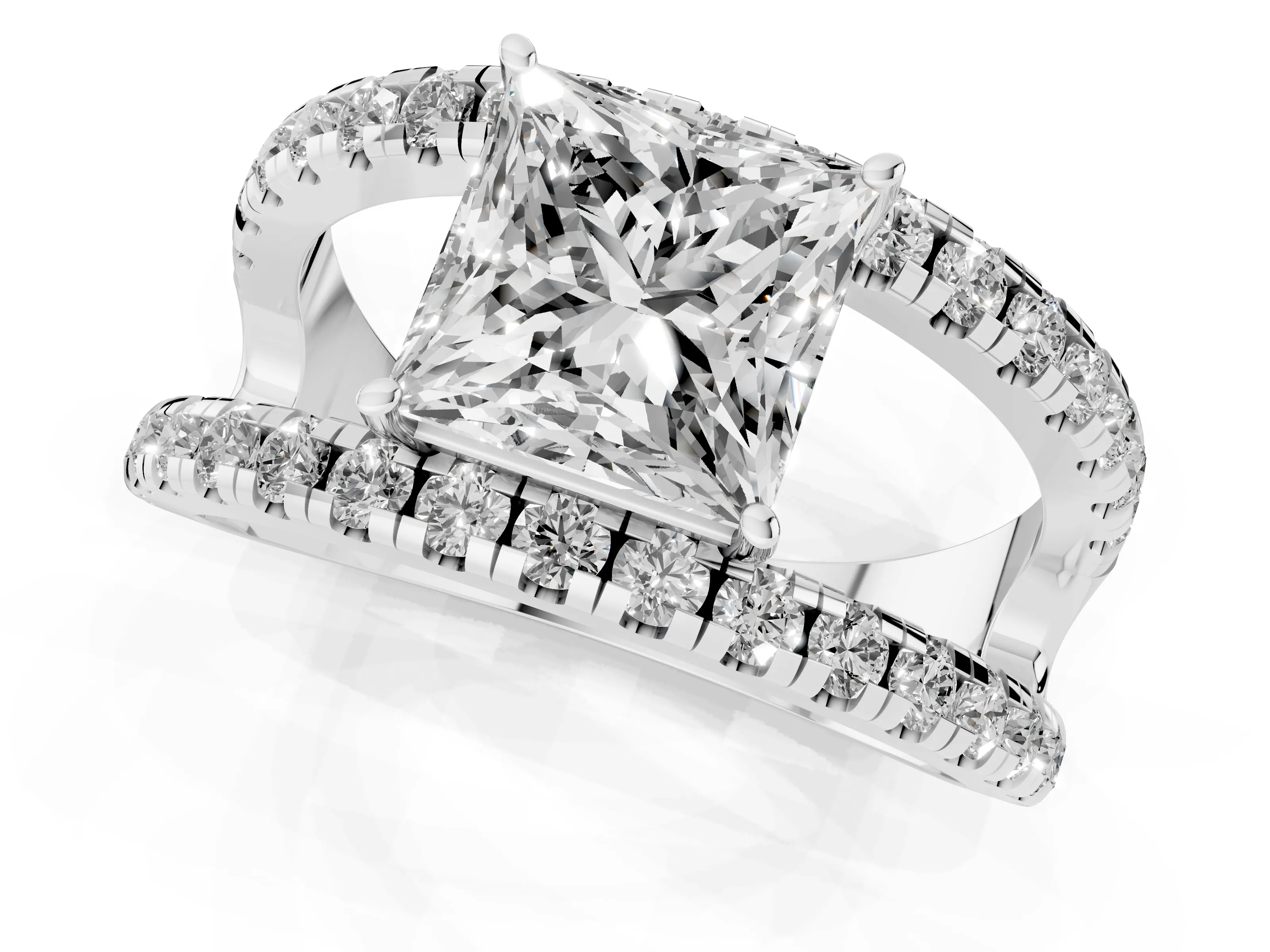 Princess Cut Diamond Split Shank Pavé Solitaire Ring Set in White gold with Open Shank Design
