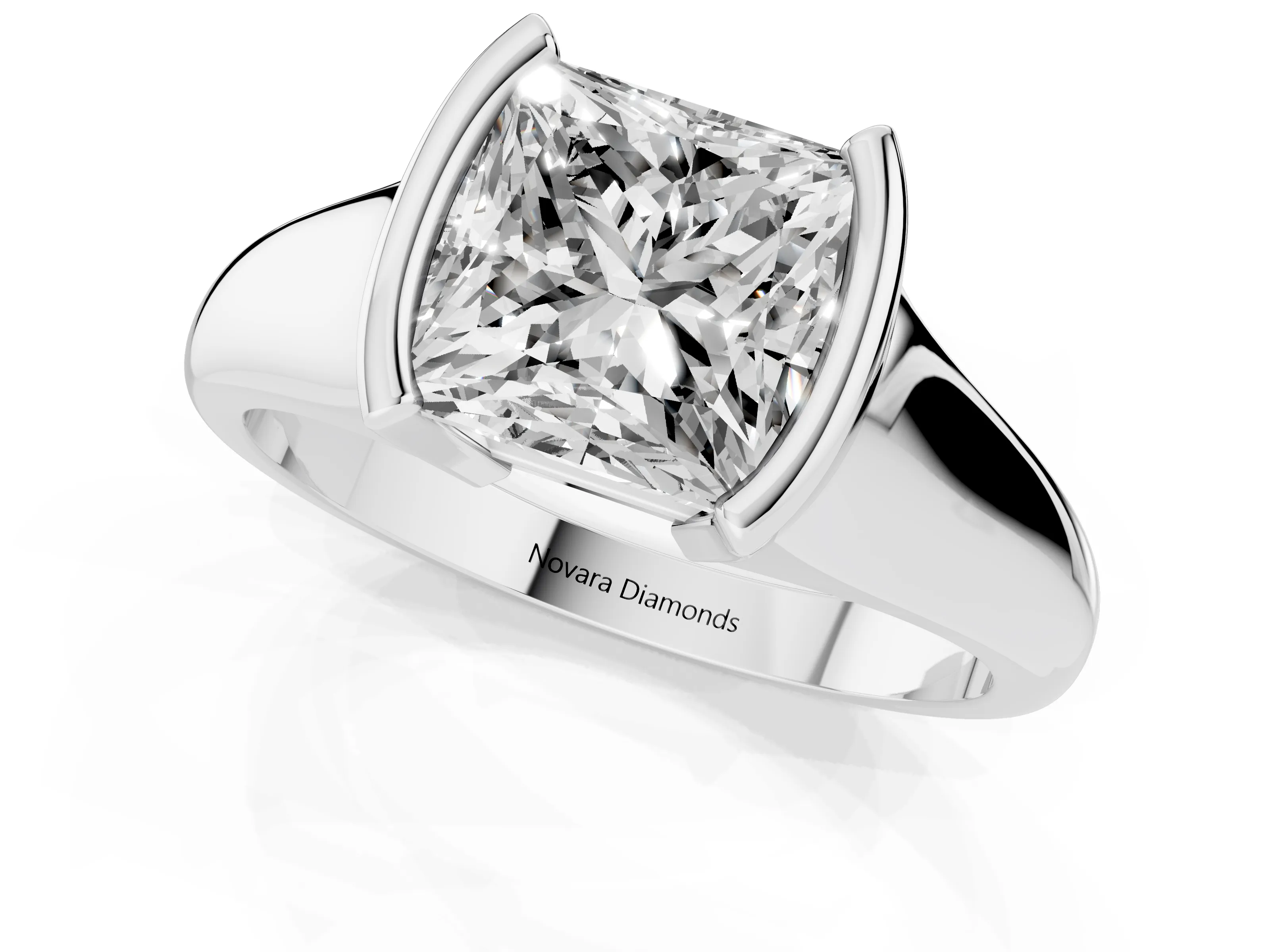 Princess Cut Diamond Solitaire Tension Set Ring Set in White gold with Split Shank Band