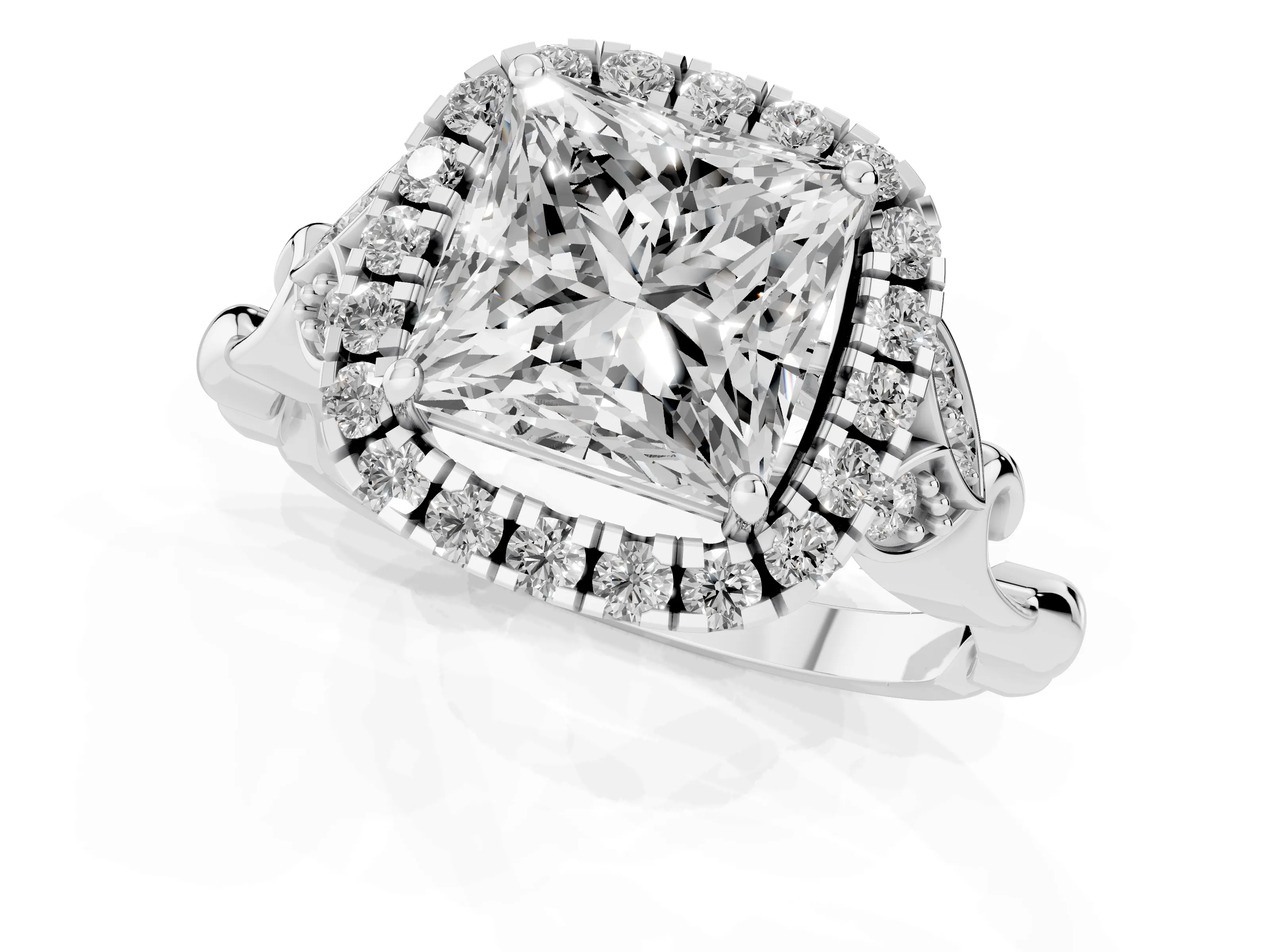 Princess Cut Diamond Halo Engagement Ring Set in Platinum with Vintage-Inspired Band and Prong Setting