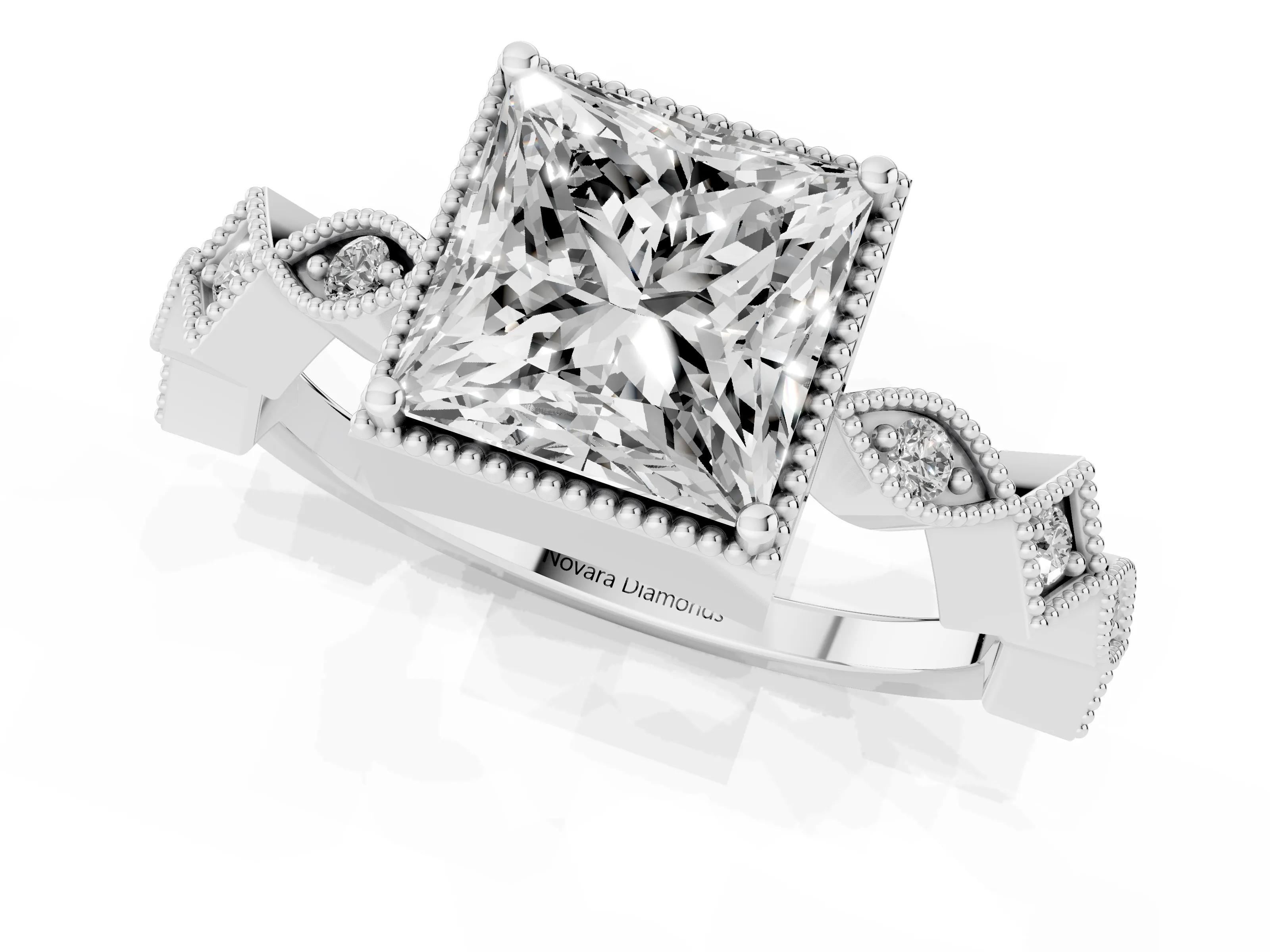 Princess Cut Diamond Milgrain Marquise Twist Band Ring Set in White gold with Prong Setting