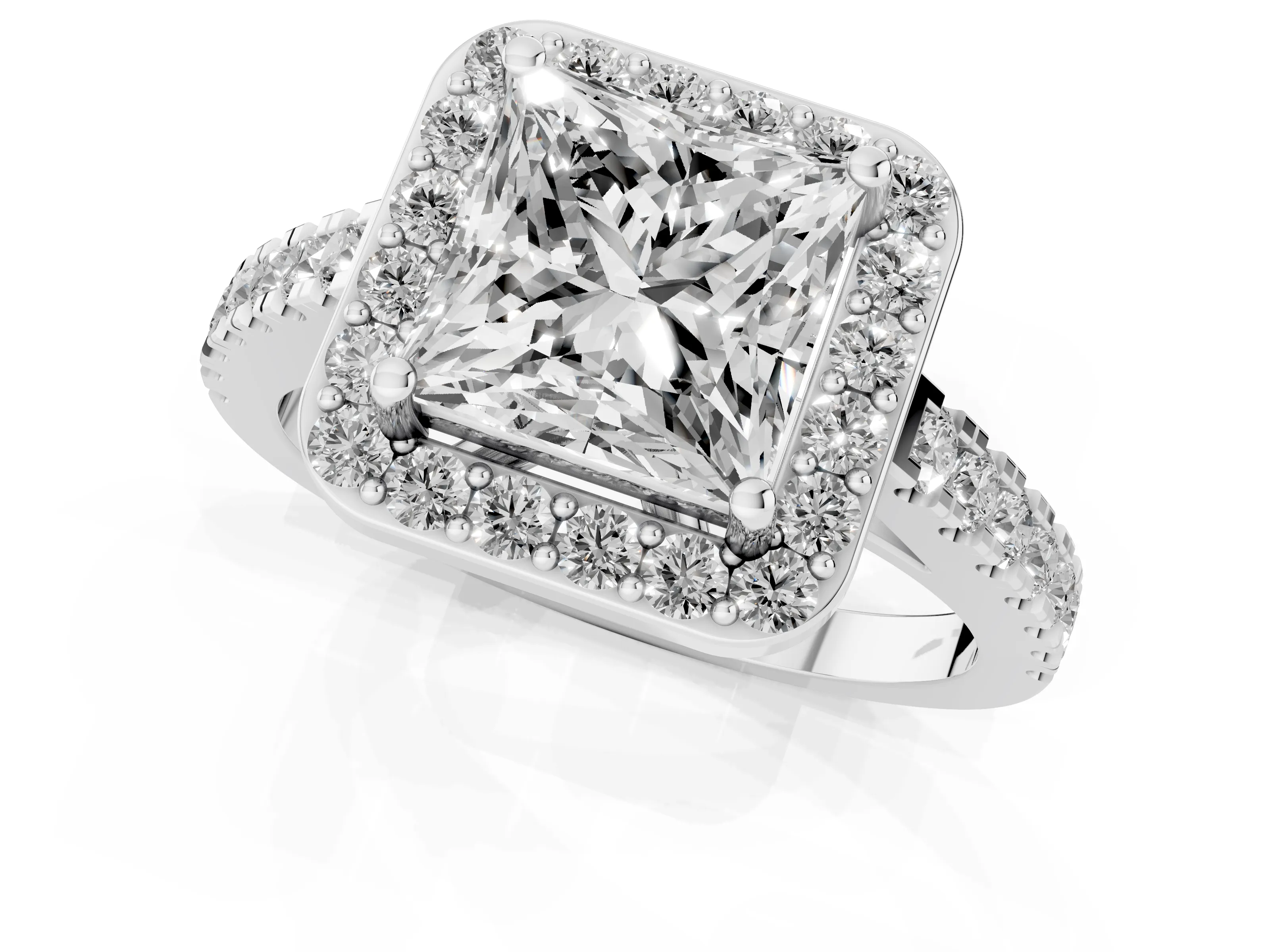 Princess Cut Diamond Halo Ring Set in Silver with Round Pavé Split Shank and Prong Setting
