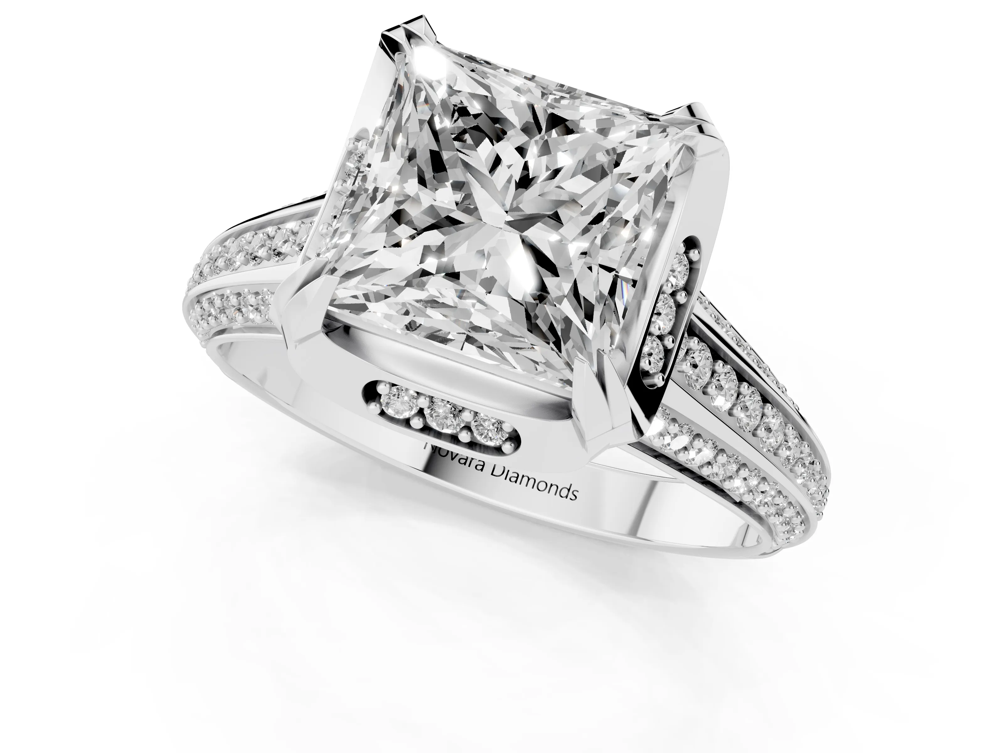 Princess Cut Diamond Pavé Split Shank Solitaire Ring Set in Platinum with Prong Setting