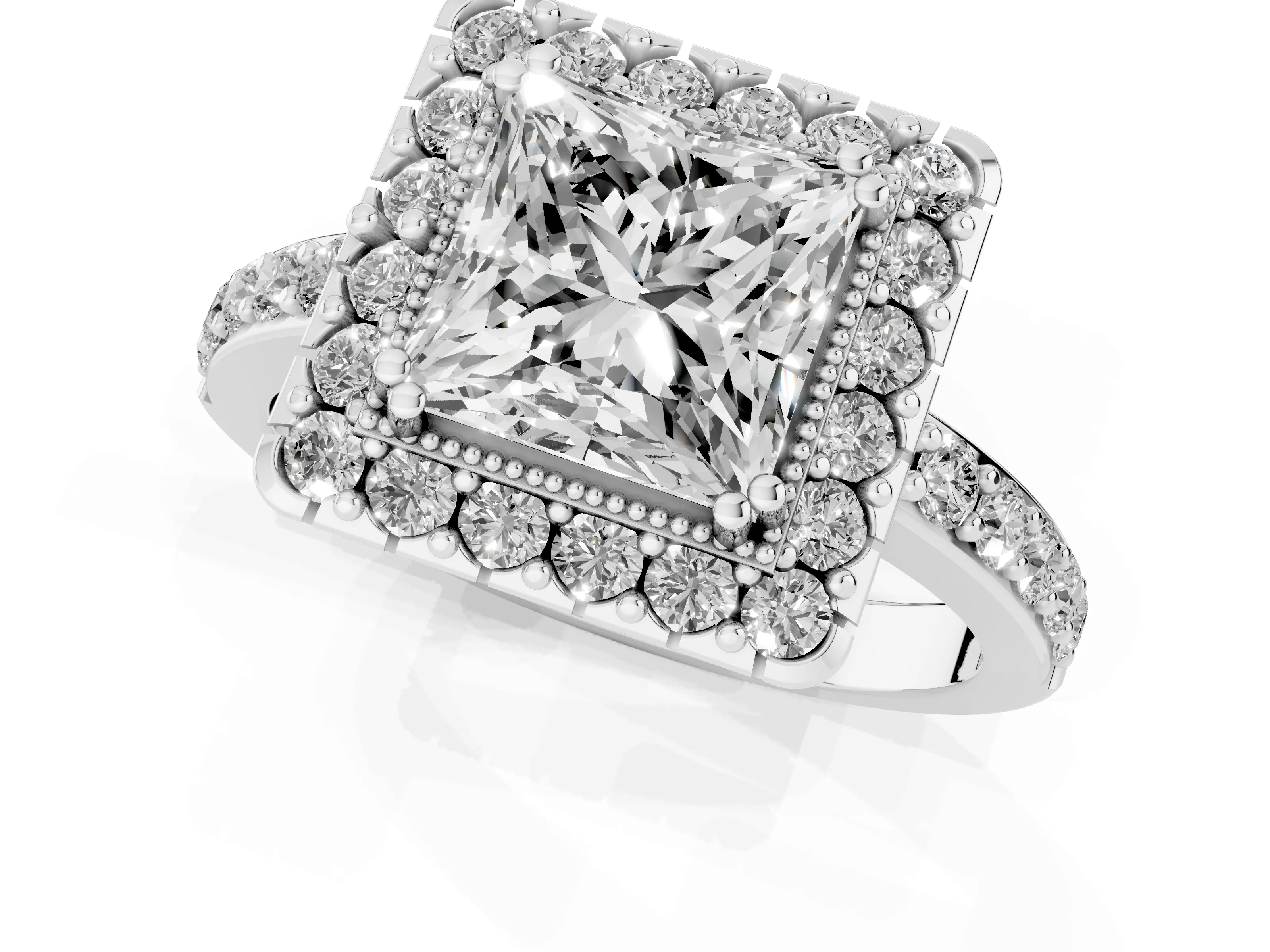 Princess Cut Diamond Halo Ring Set in Silver with Pavé Shank and Prong Setting