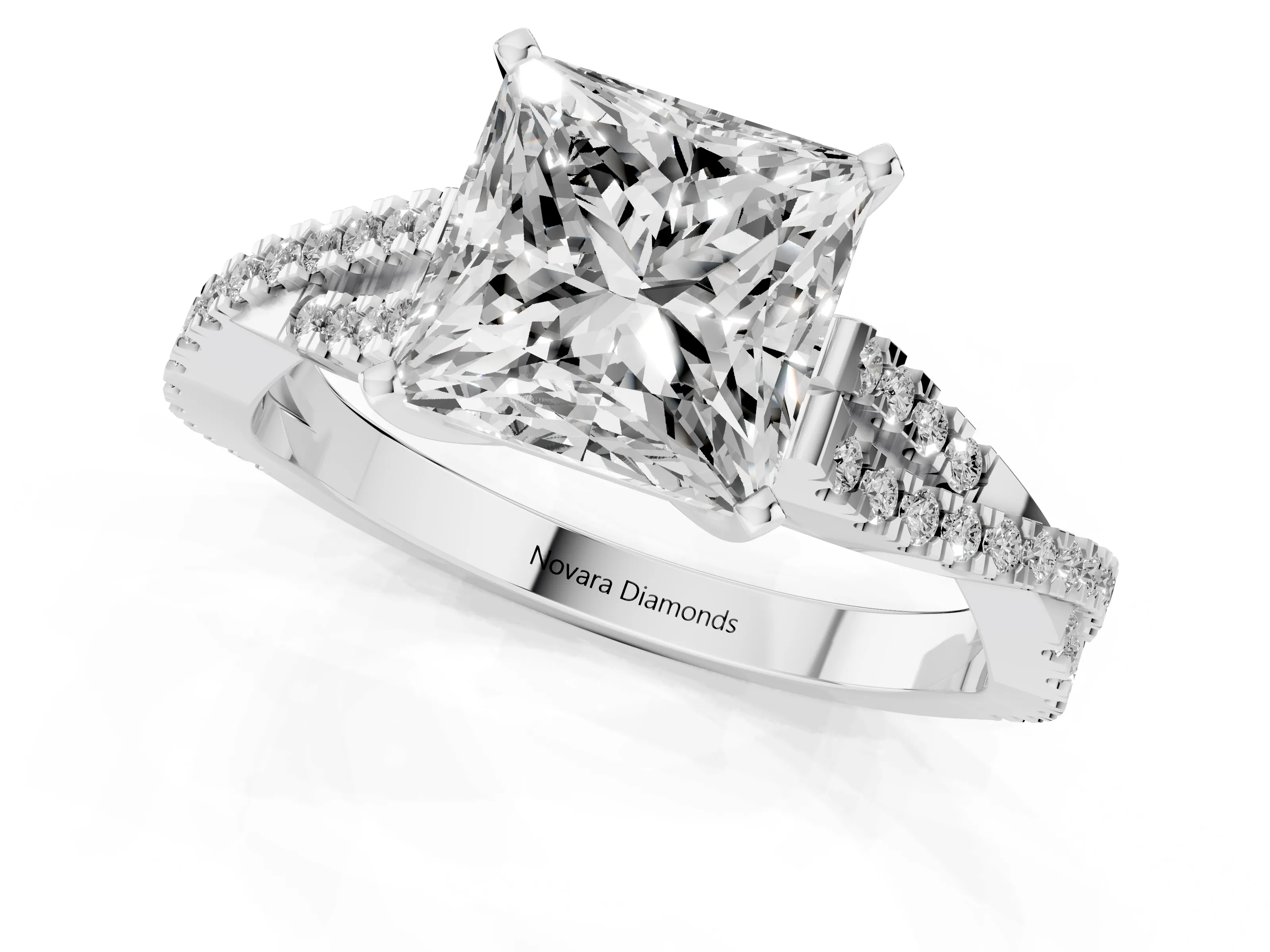 Princess Cut Diamond Solitaire Engagement Ring Set in White gold with Twisted Pavé Band and Prong Setting