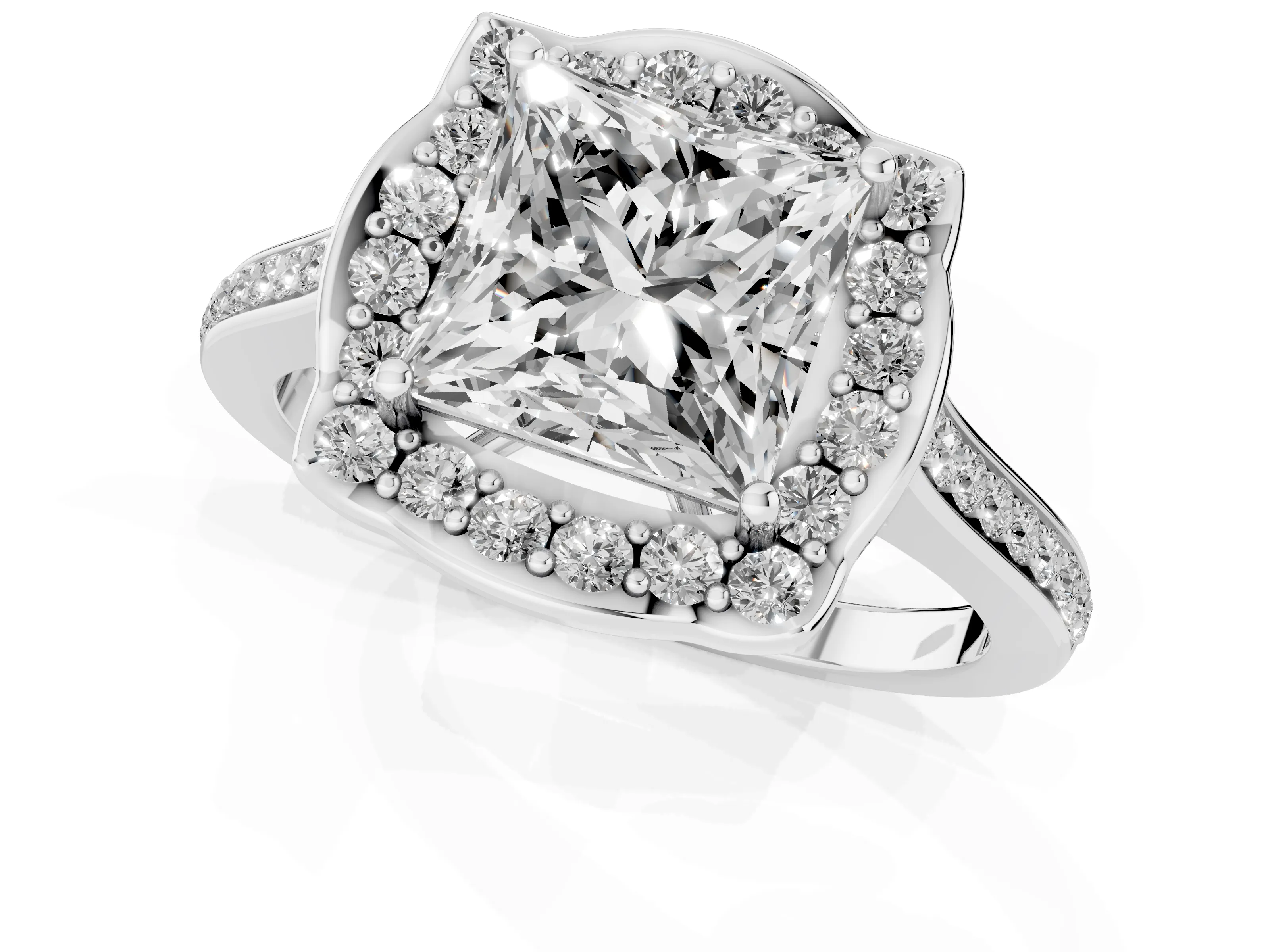 Princess Cut Diamond Halo Ring Set in Silver with Pavé-Lined Shoulders and Prong Setting