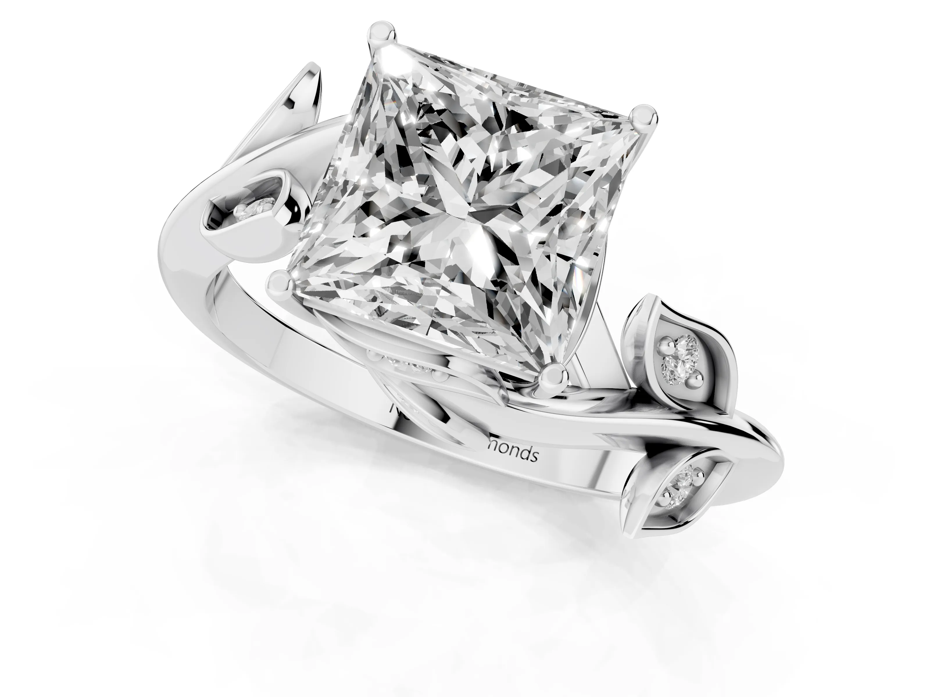 Princess Cut Diamond Solitaire Twist Engagement Ring Set in Silver with Pavé Leaf Accents