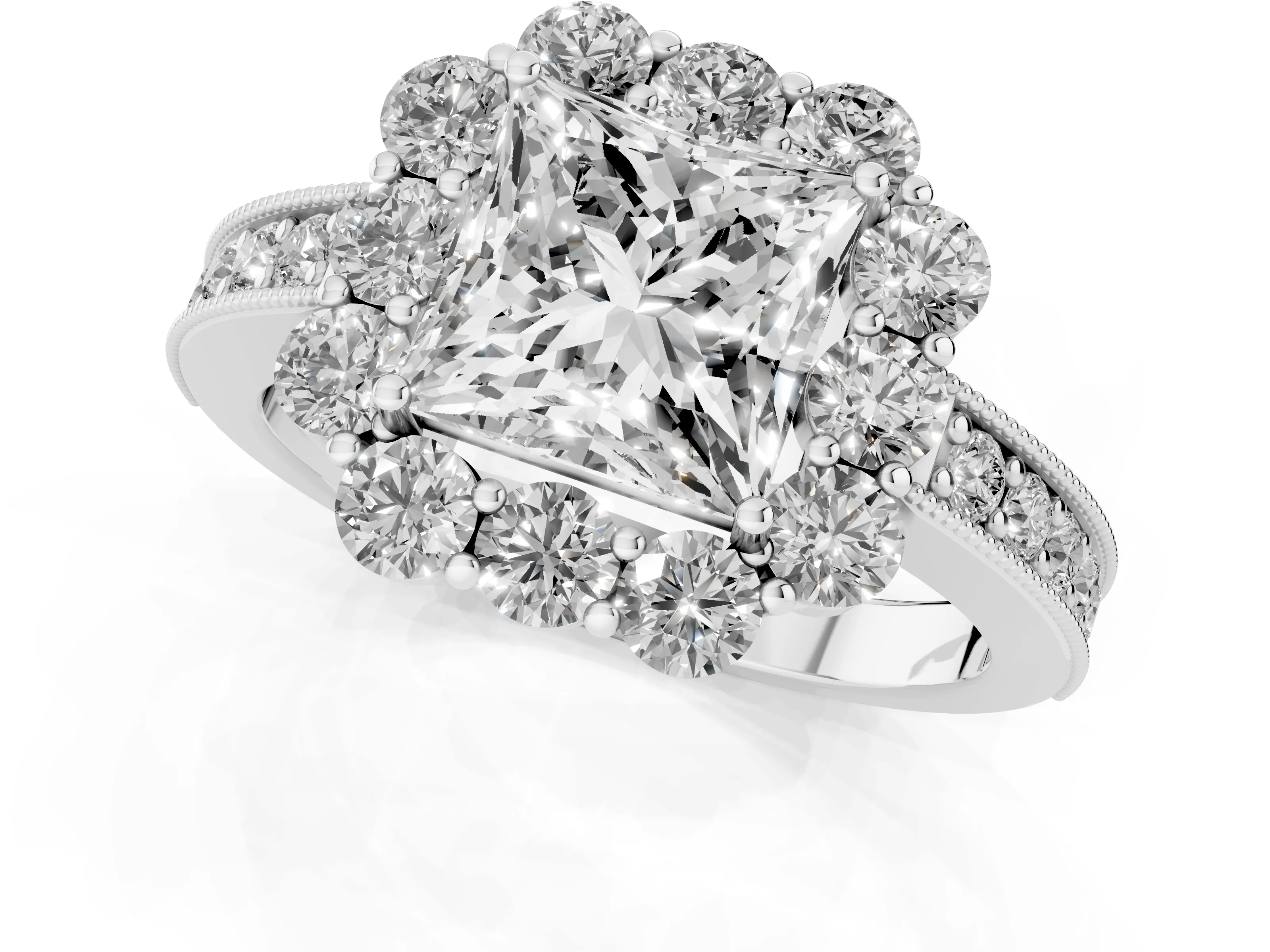 Princess Cut Diamond Halo Pavé Engagement Ring Set in White gold with Milgrain Detailing