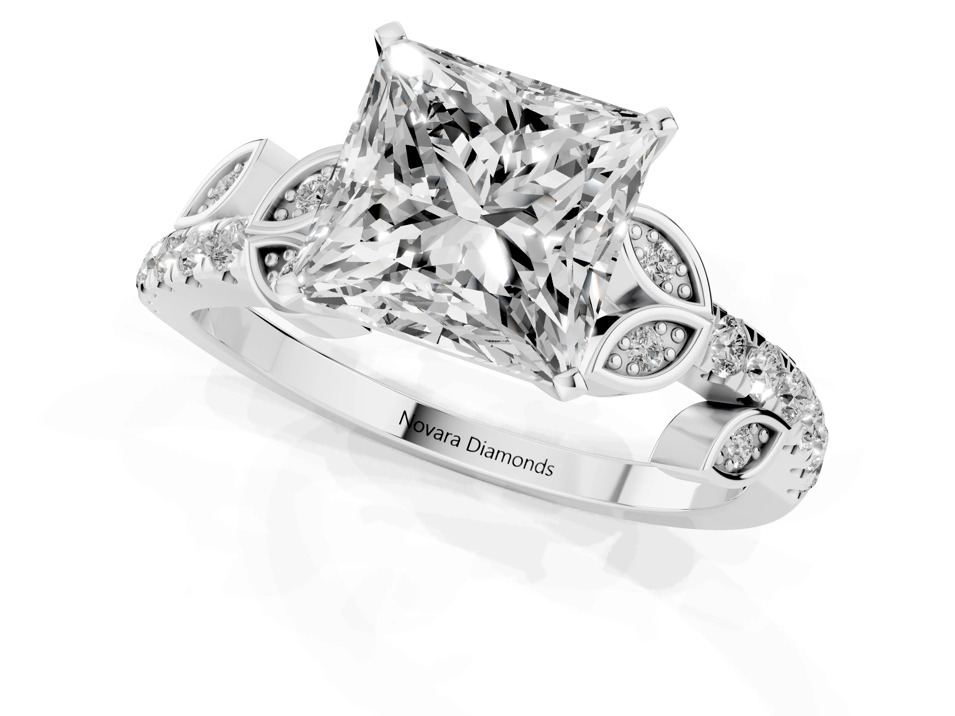 Princess Cut Diamond Solitaire Leaf-Inspired Ring Set in Platinum with Pavé Band and Prong Setting